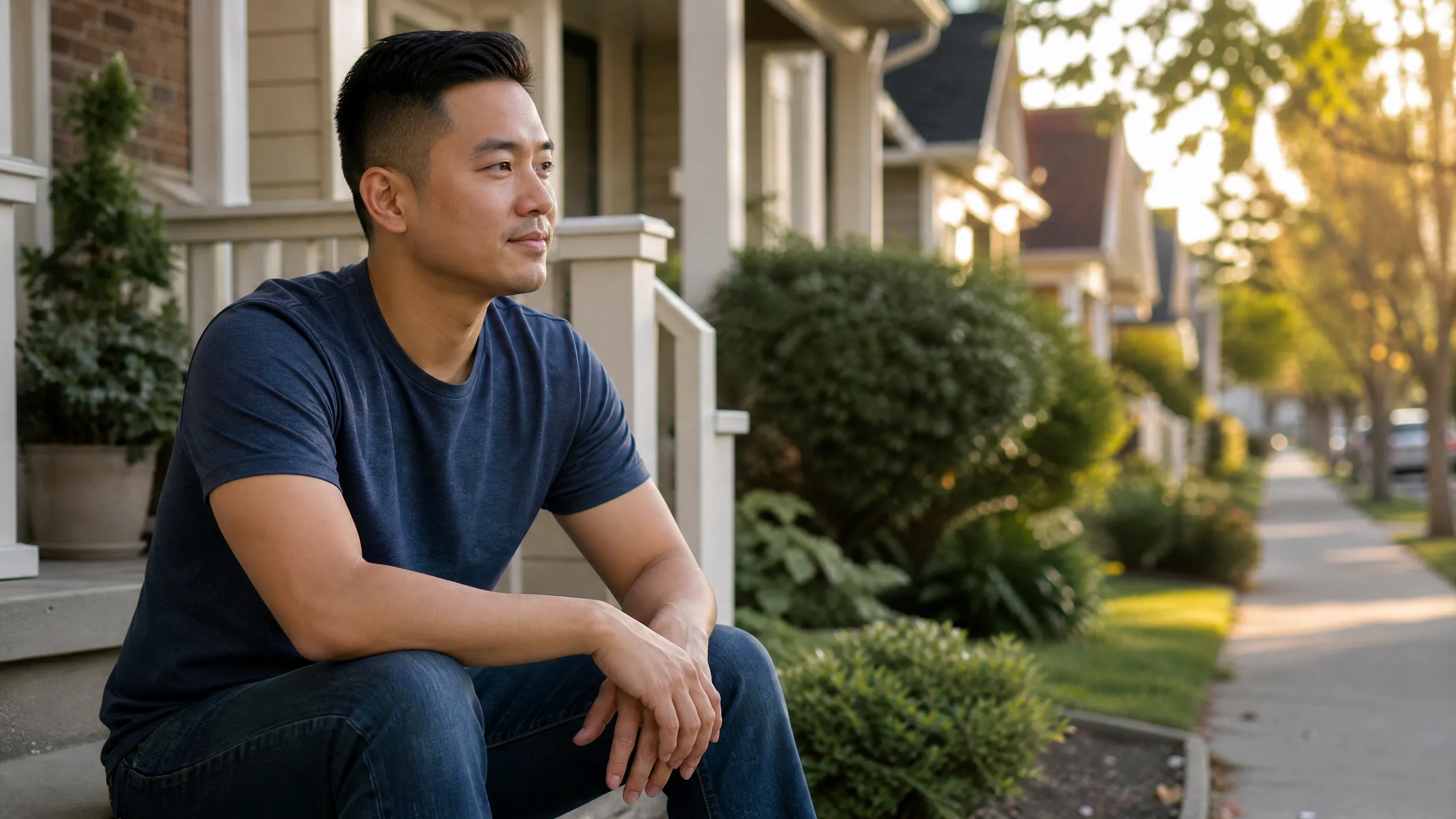 Veteran in his 30s sitting on his front steps in the late afternoon, relaxed and looking out at the street