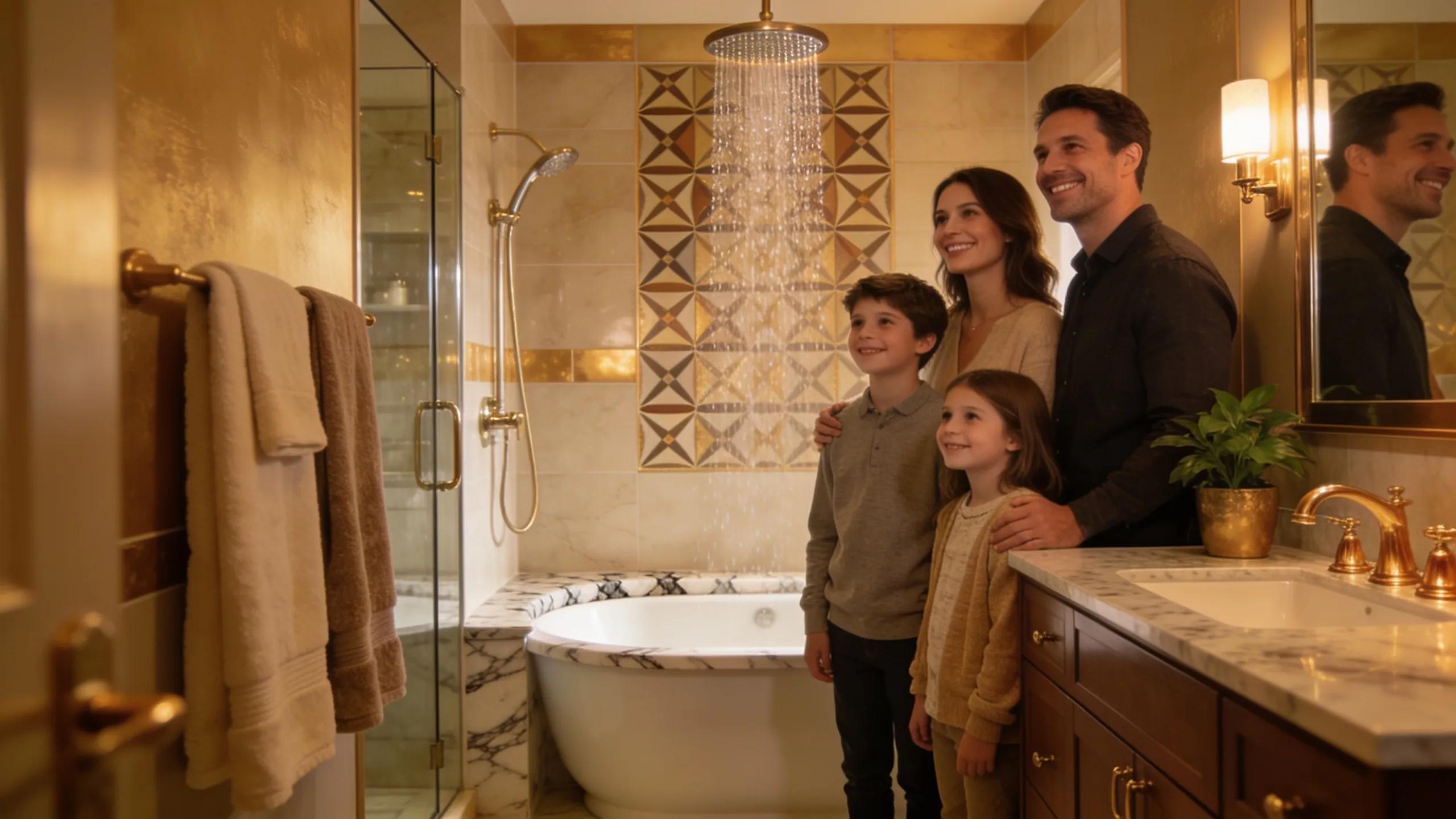 Happy family enjoying their newly remodeled bathroom, reflecting customer satisfaction