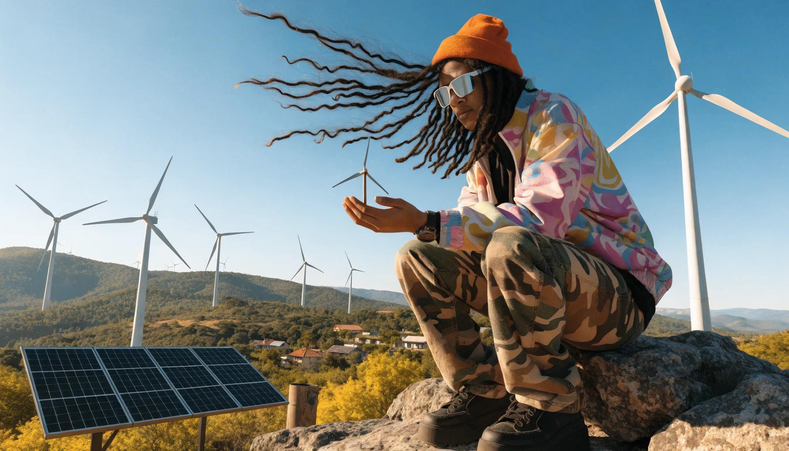 Person exploring renewable energy technology outdoors