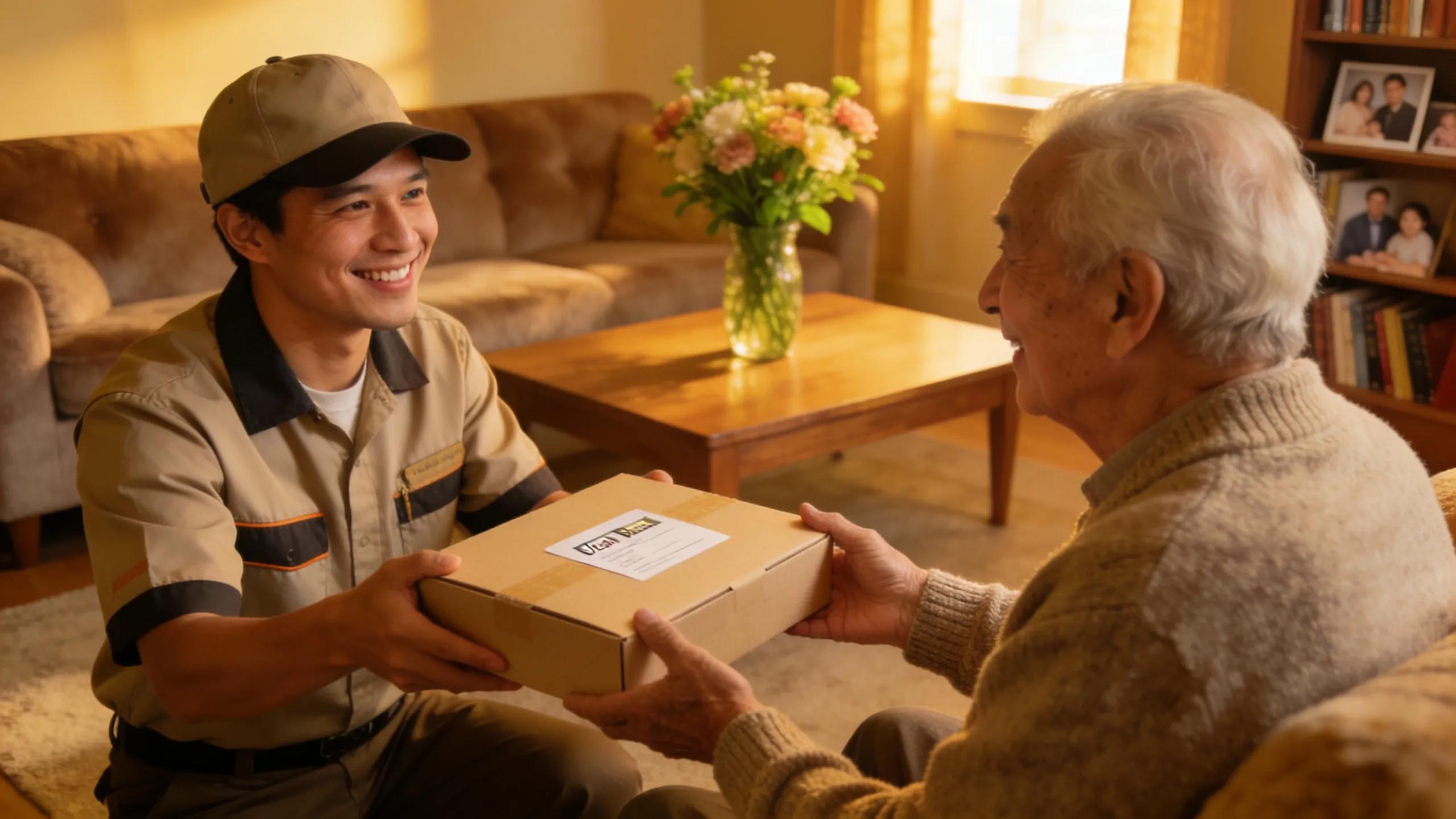 Meal delivery service interaction with senior, highlighting convenience and care in meal preparation