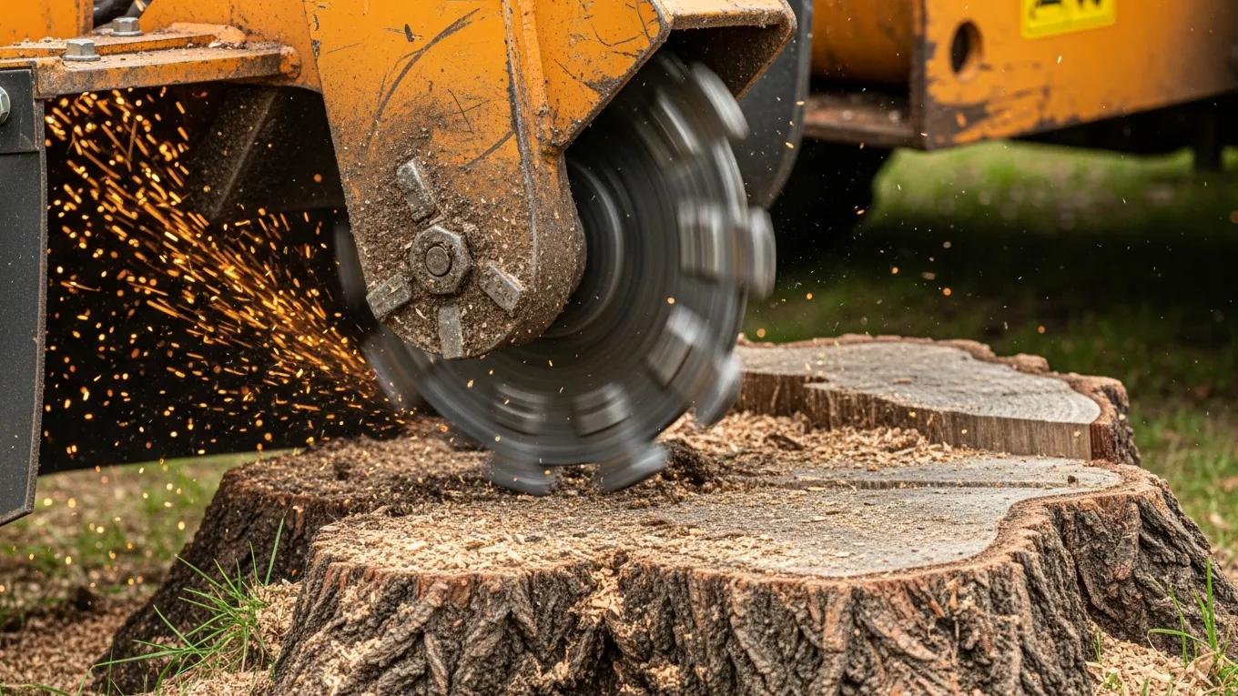 Close-up of a stump grinder's blades grinding a tree stump