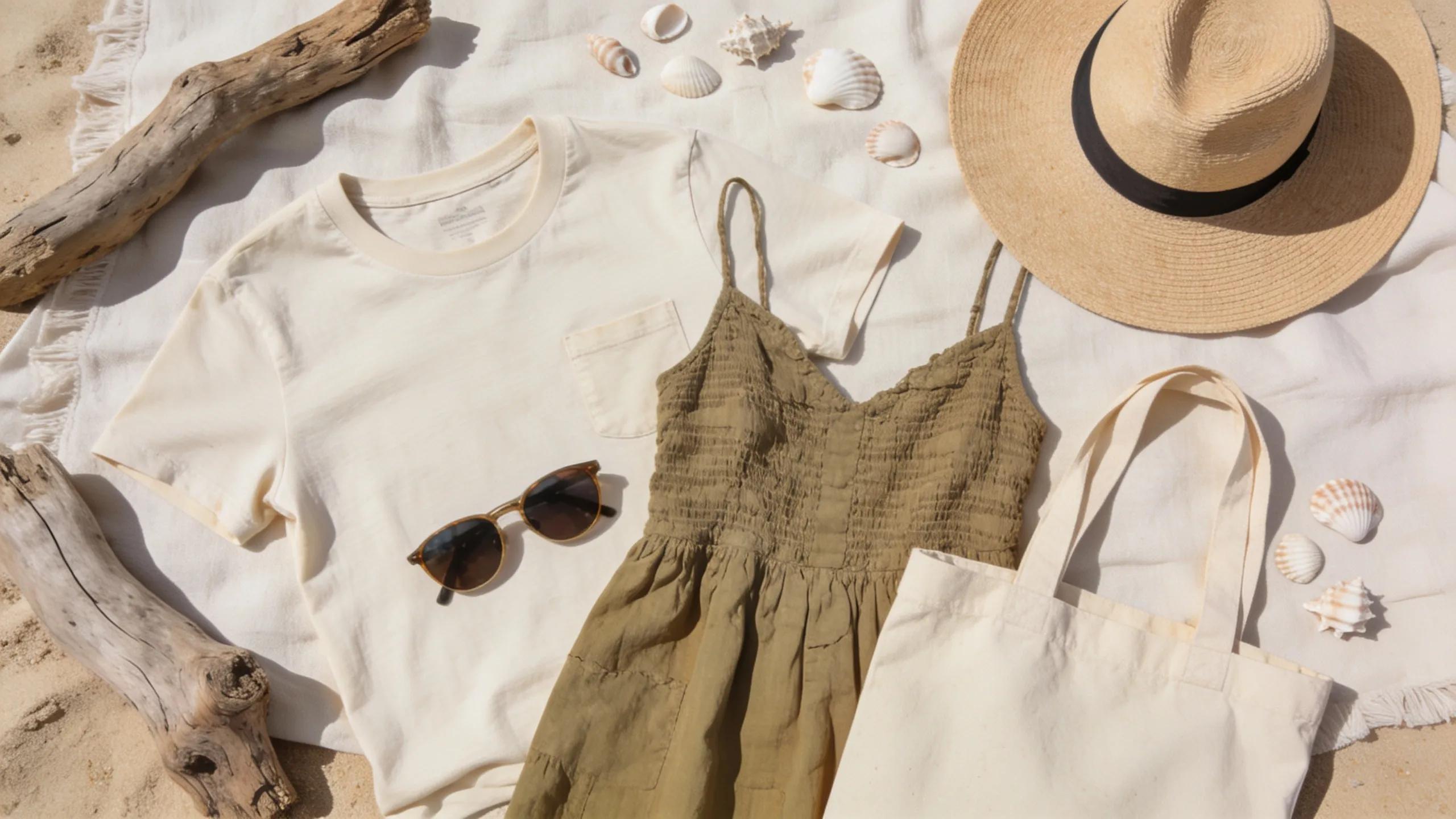 Flat lay of eco-friendly fashion items and accessories for Queensland's summer, emphasizing sustainability Flat lay of eco-friendly fashion items and accessories for Queensland's summer, emphasizing sustainability