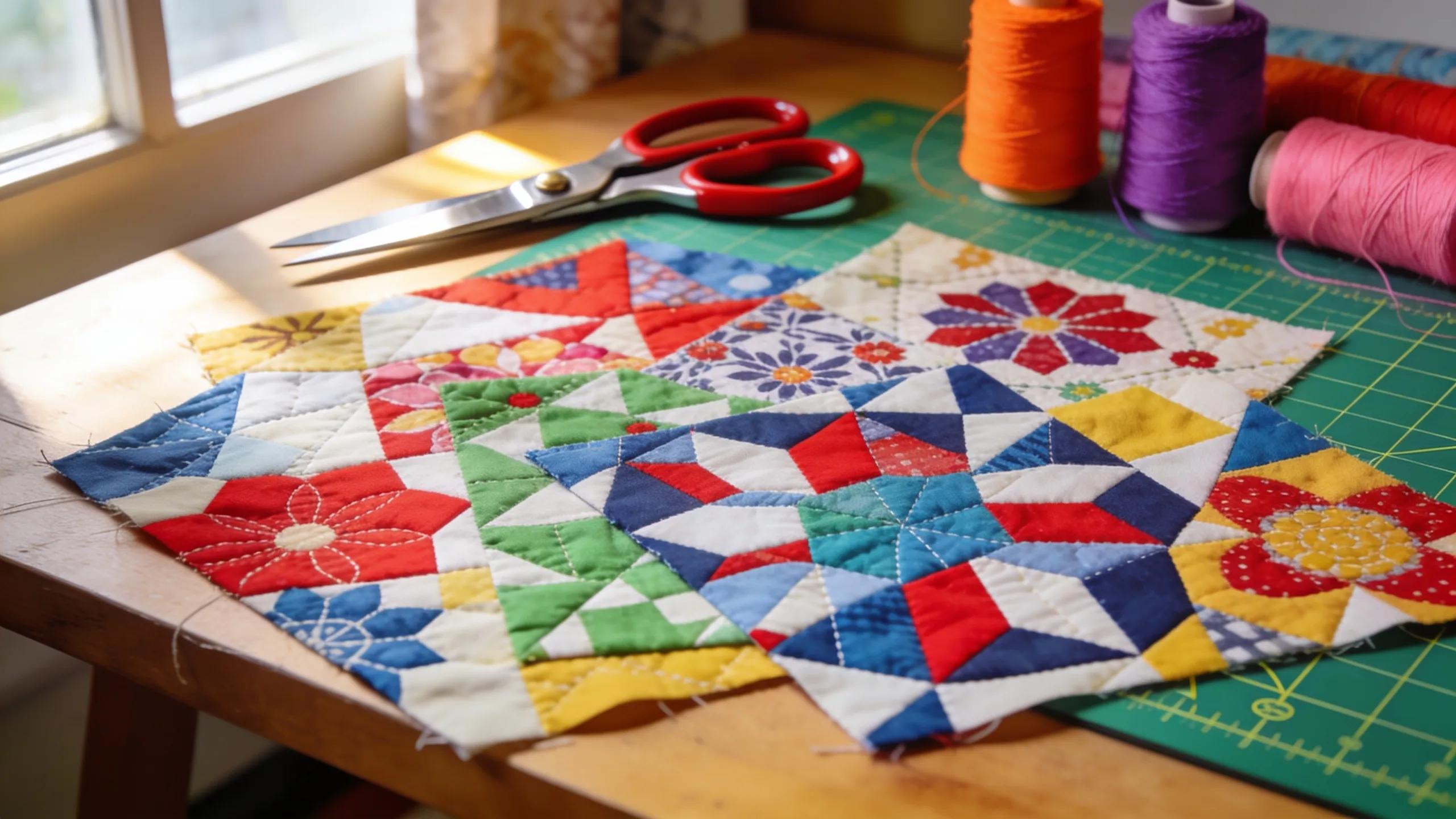 Colorful and diverse modern quilting patterns displayed on a crafting table with quilting tools