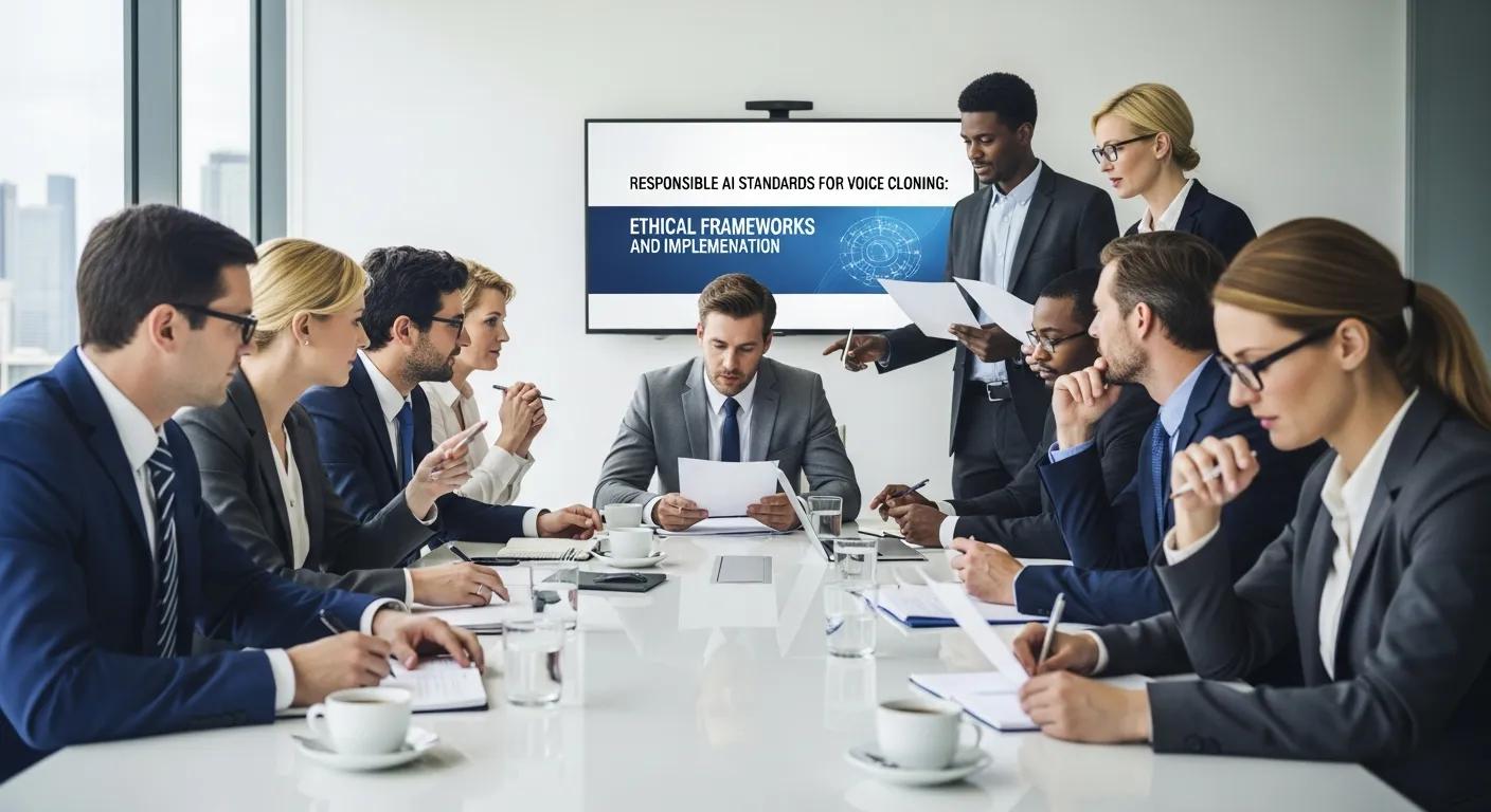 Team discussing responsible AI standards for voice cloning in a conference room Team discussing responsible AI standards for voice cloning in a conference room