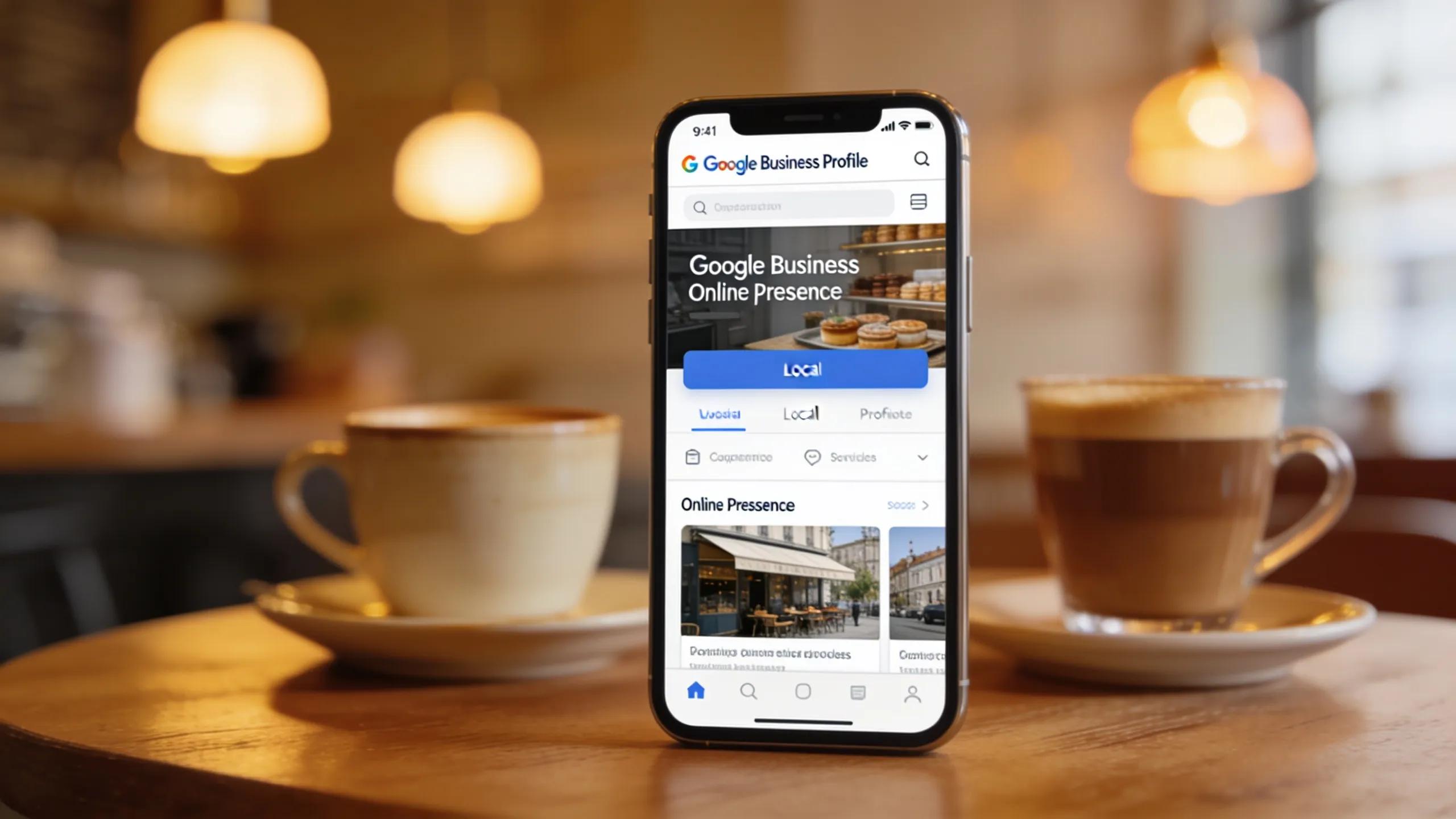 Smartphone displaying a Google Business Profile in a cozy cafe setting, highlighting local SEO importance