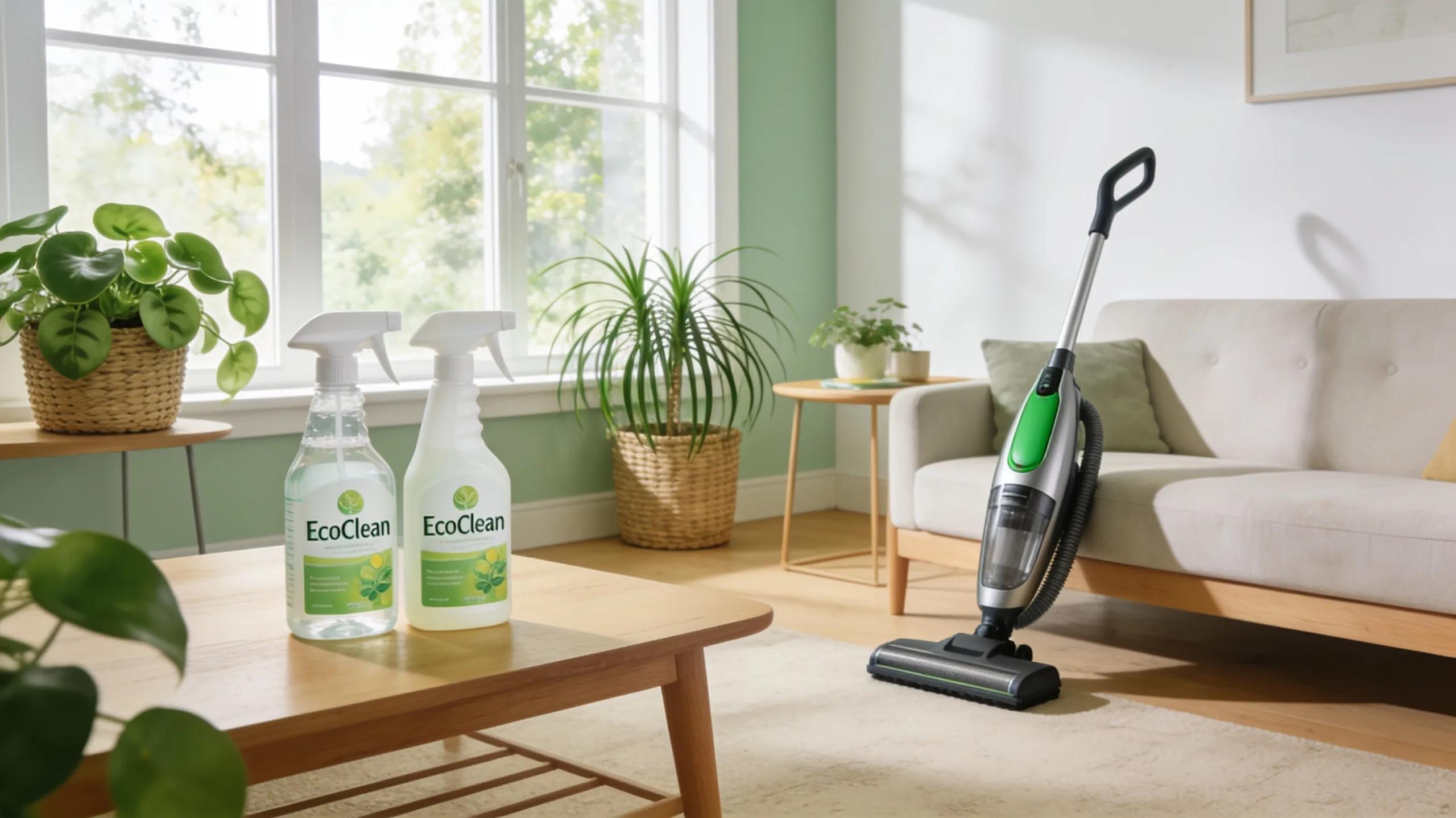 Eco-friendly cleaning products in a bright living room setting promoting sustainable cleaning practices