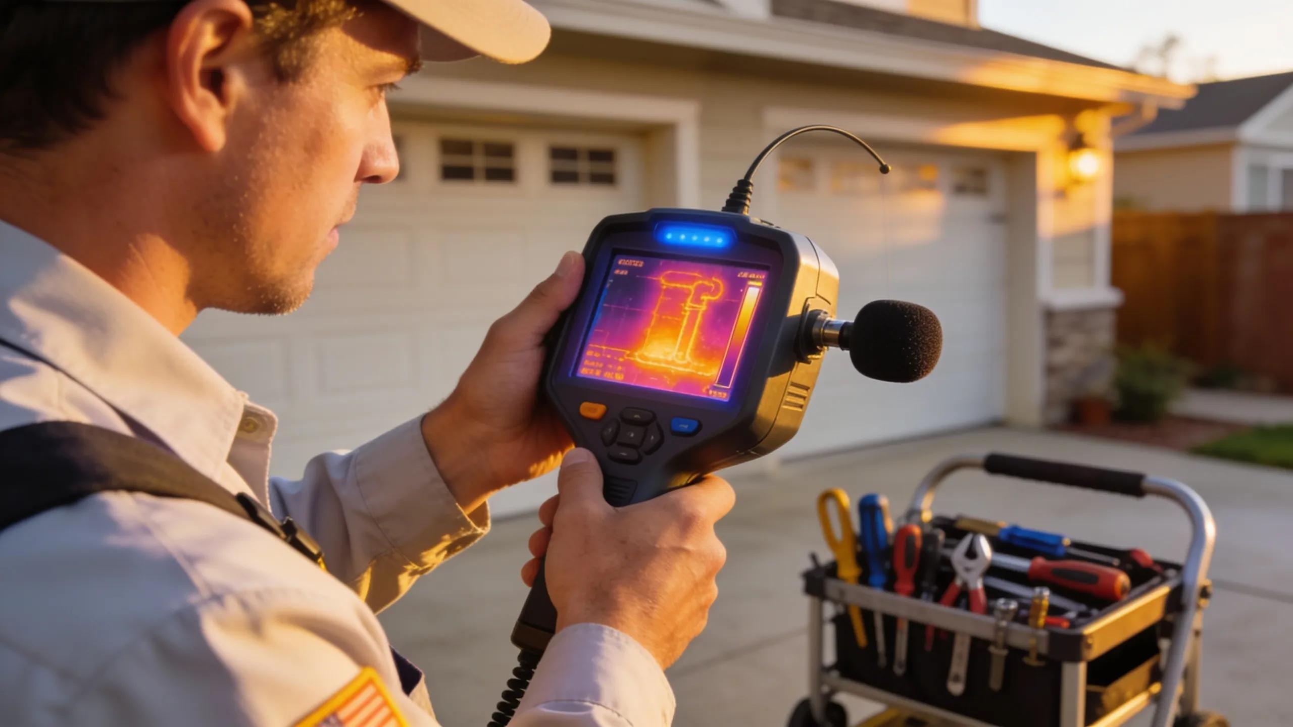Plumbing technician using advanced leak detection tools in a residential setting