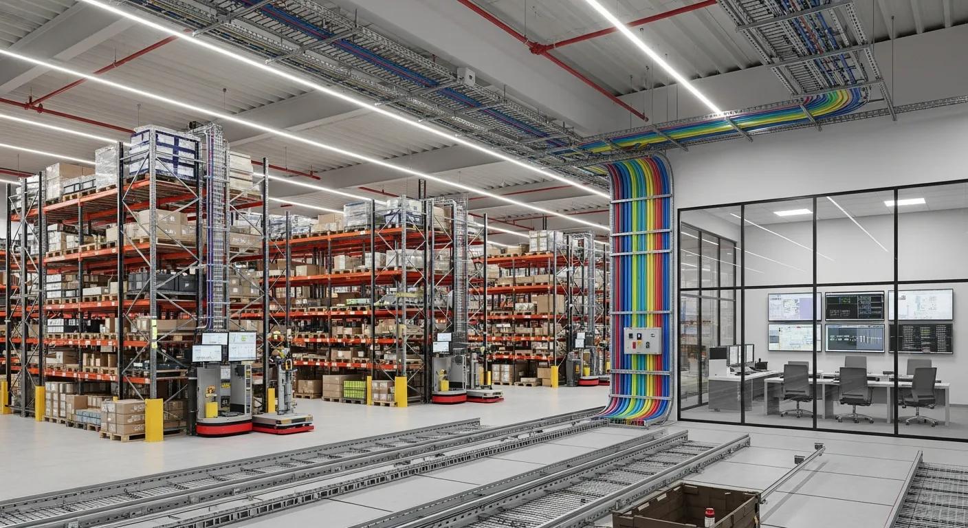 Warehouse showing neat, protected cabling that supports automation and inventory systems Warehouse showing neat, protected cabling that supports automation and inventory systems