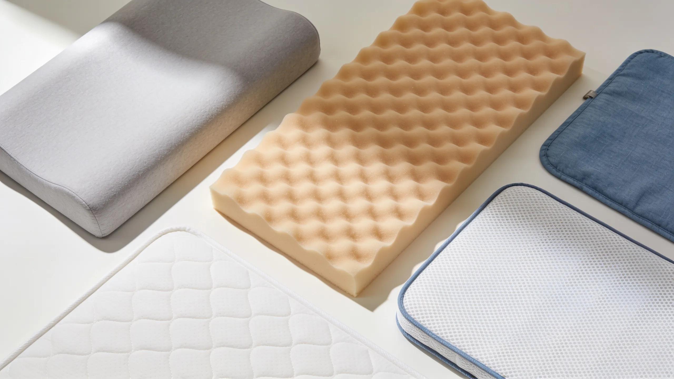 Samples of high-density foam, memory foam, and breathable fabric covers illustrating materials used in foldable mattresses