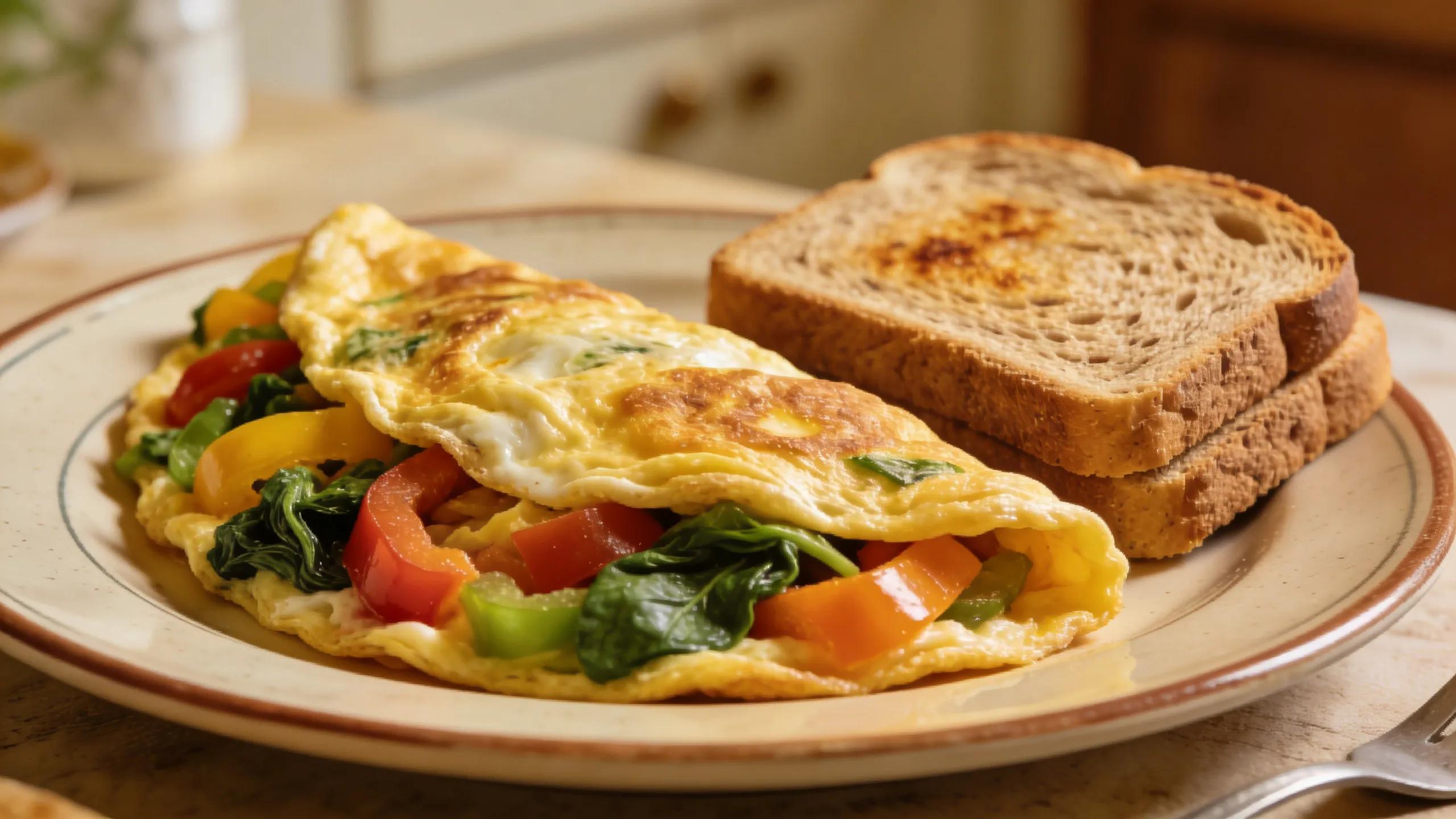 Appetizing veggie omelet served with whole-grain toast, showcasing colorful vegetables and inviting presentation