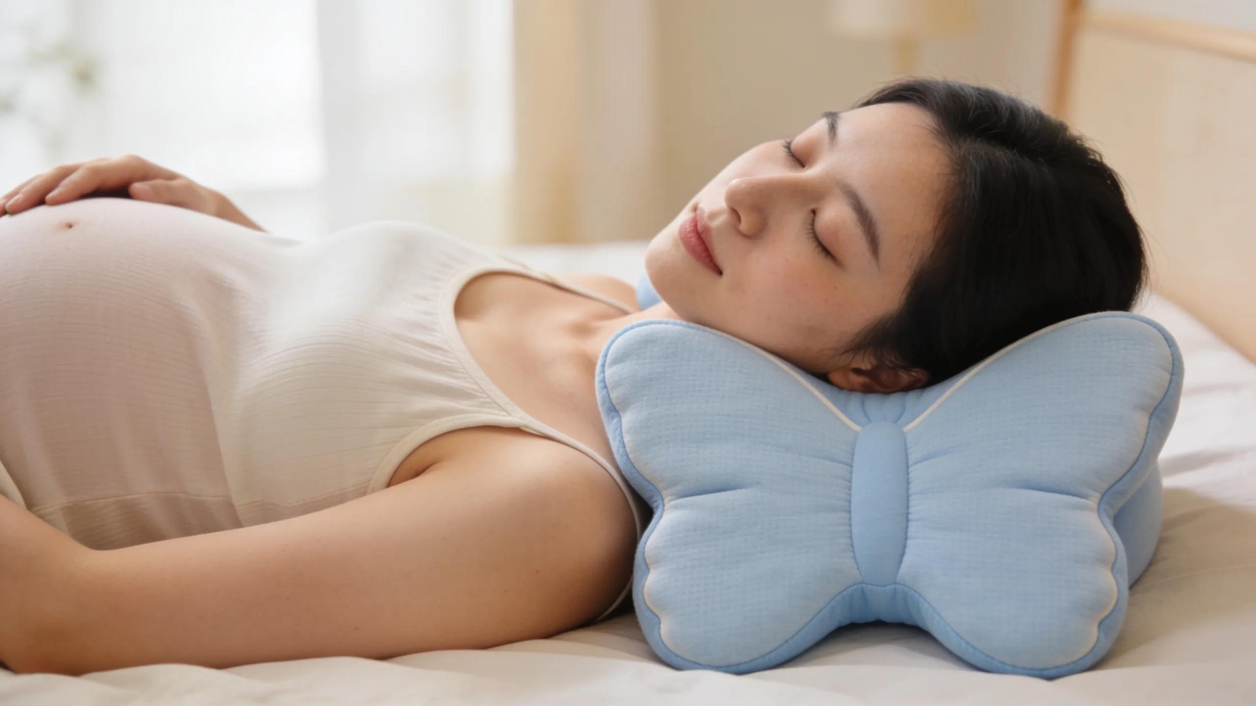 Pregnant woman sleeping with butterfly pillow, highlighting comfort and support during pregnancy