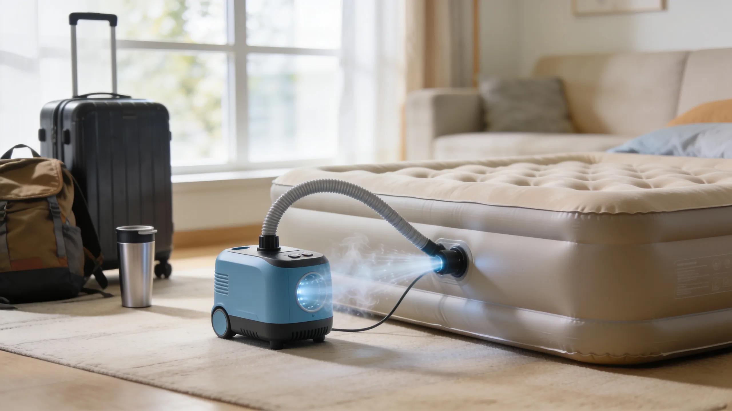 Modern air mattress being inflated with a built-in pump in a living room, showcasing convenience and innovative setup techniques for guest beds.