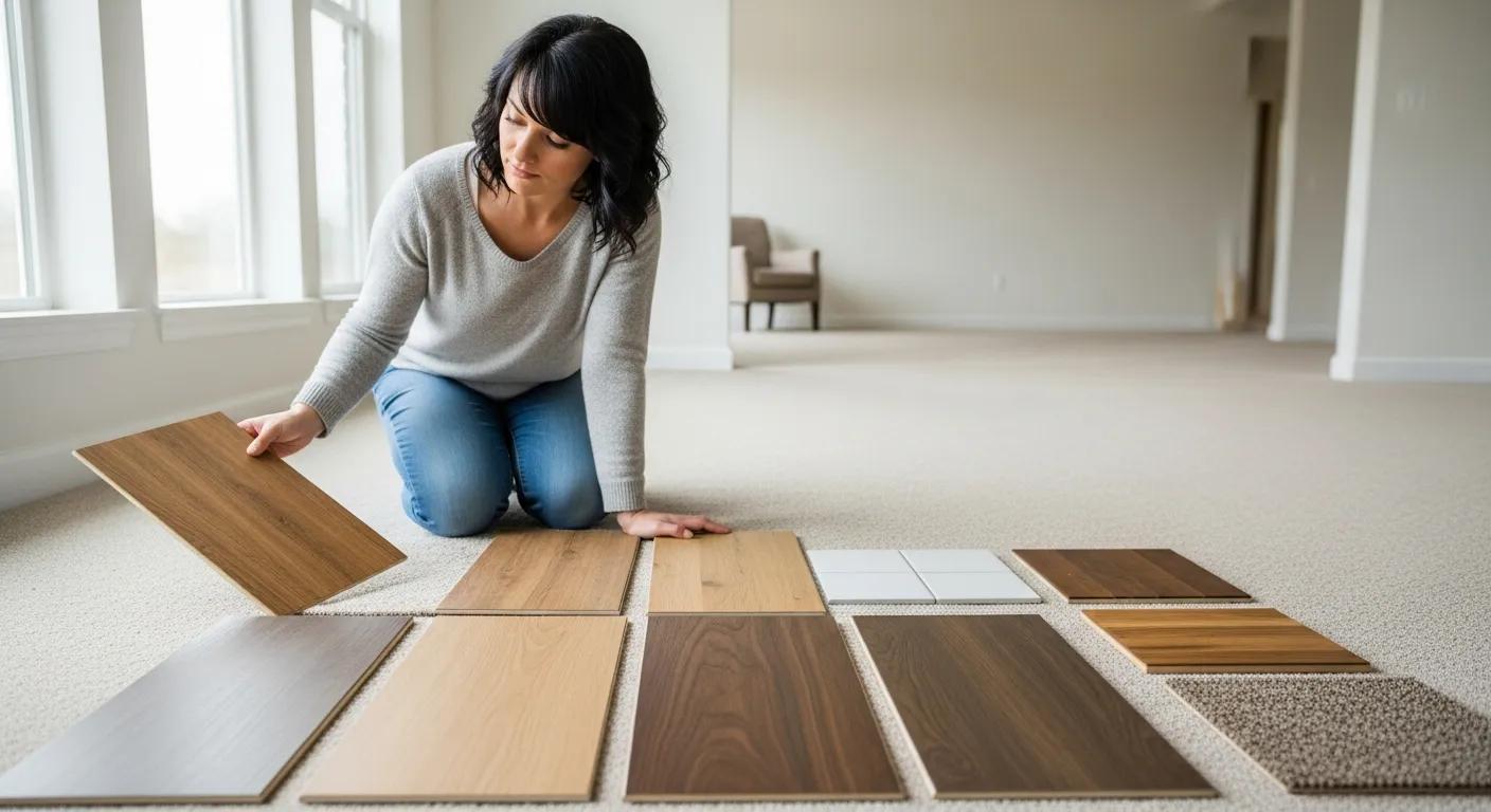 Homeowner comparing luxury vinyl plank flooring samples with other flooring options
