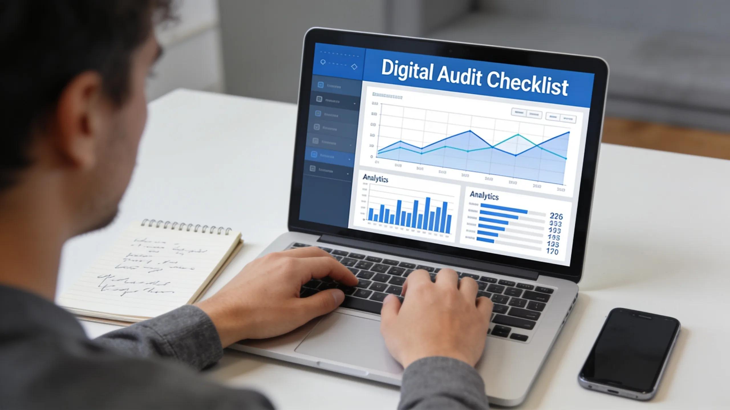 Individual performing a comprehensive digital visibility audit using technology in a focused manner