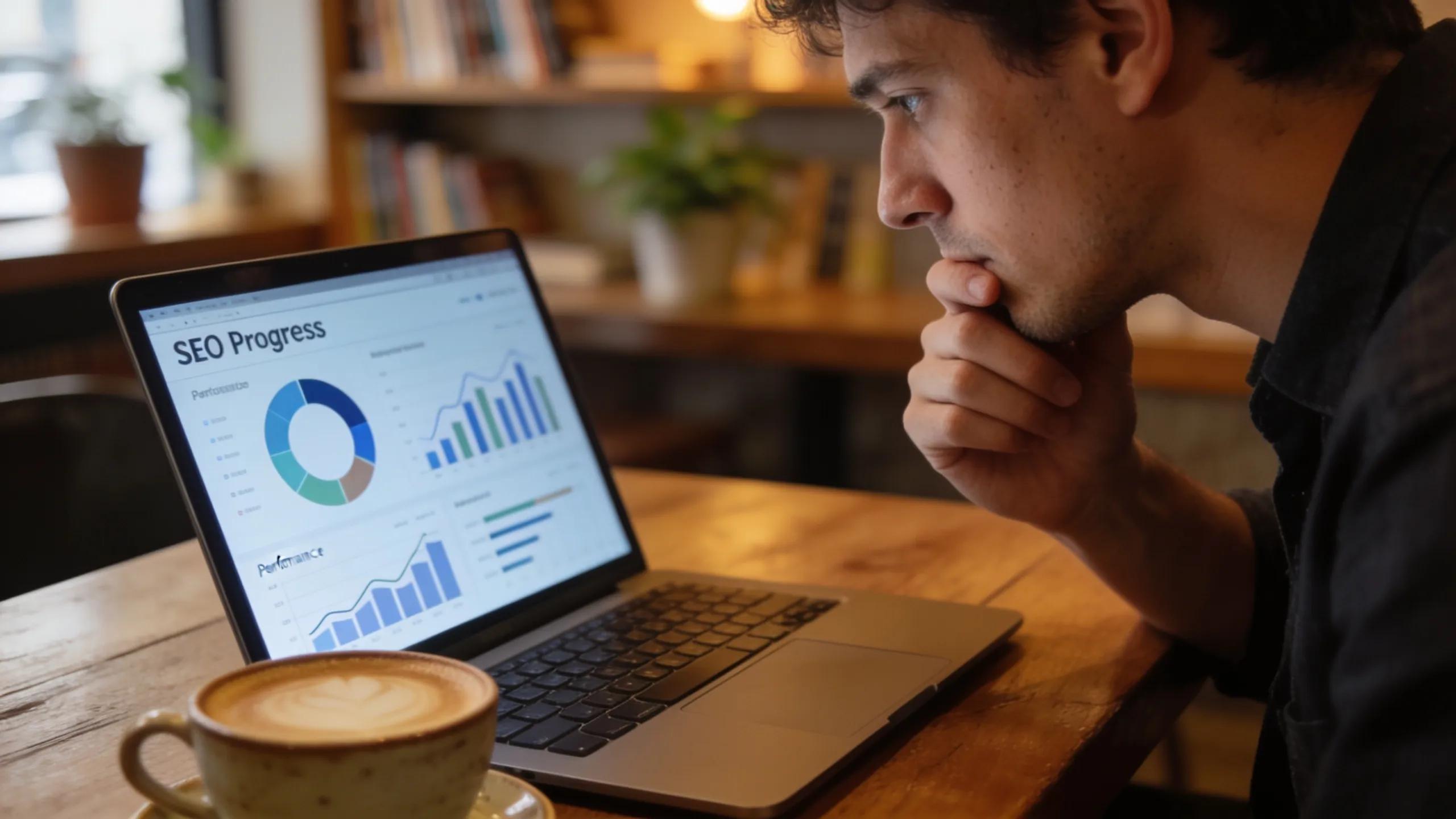 Business owner analyzing SEO performance reports in a coffee shop