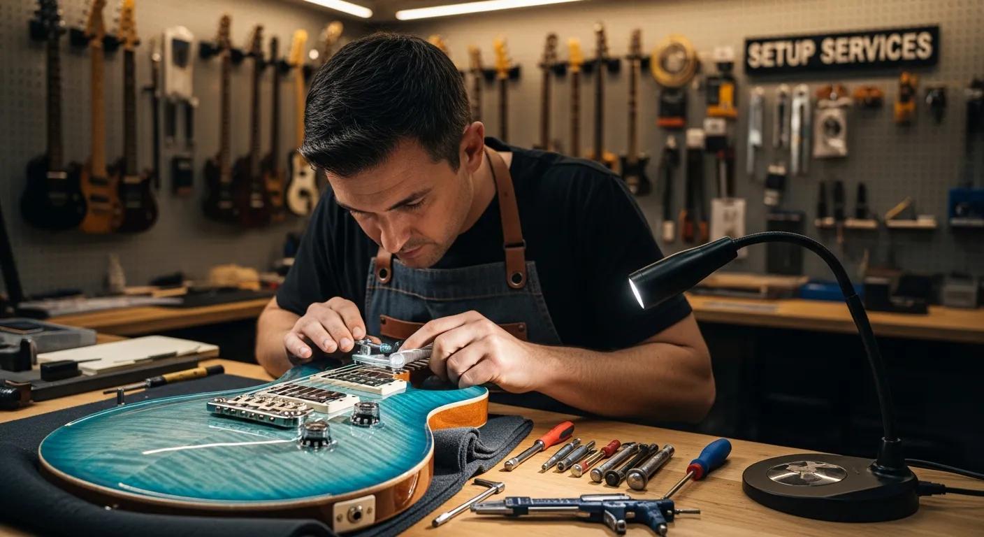 Guitar technician adjusting a PRS guitar in a workshop, showcasing setup services