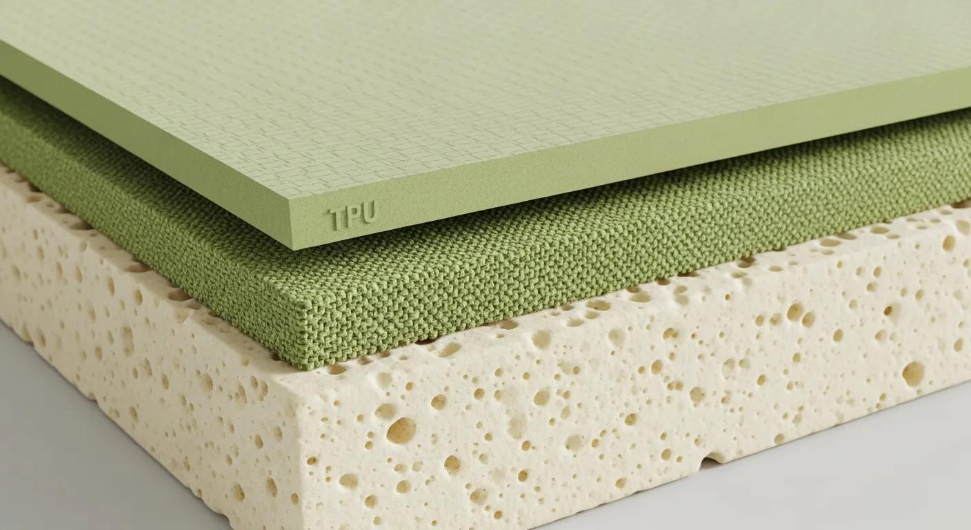 Materials used in eco air mattresses: TPU, recycled polyester and natural latex close-up