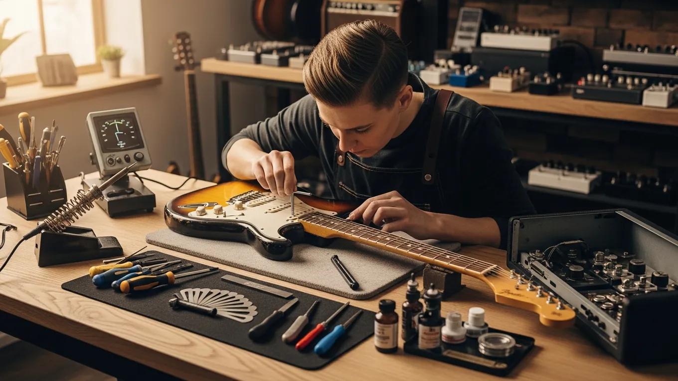 Technician performing a professional guitar setup in a workshop