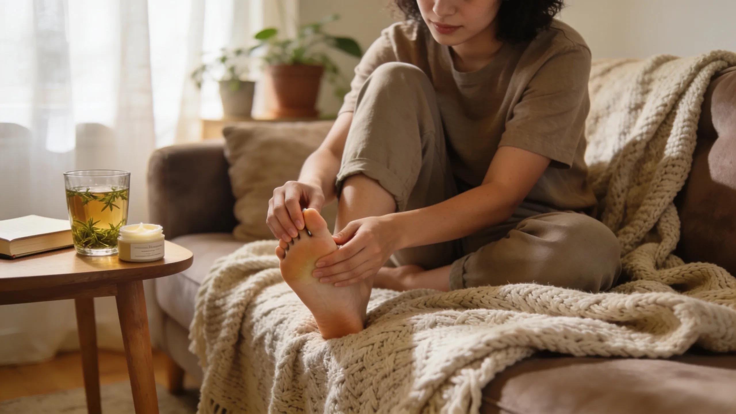 Person applying natural foot balm for self-care at home, emphasising foot health and comfort