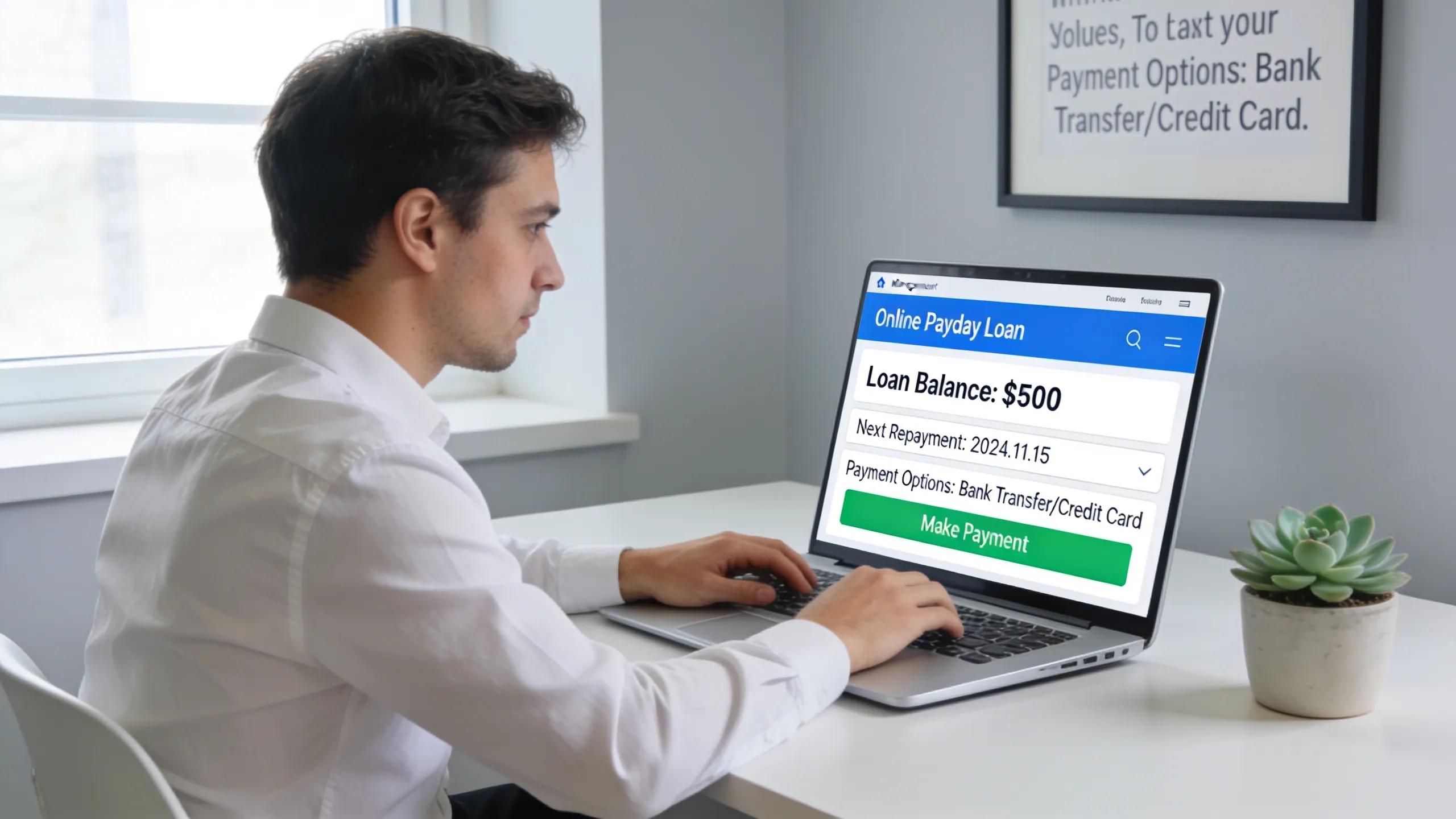 Individual managing payday loan on a digital platform in a modern office environment