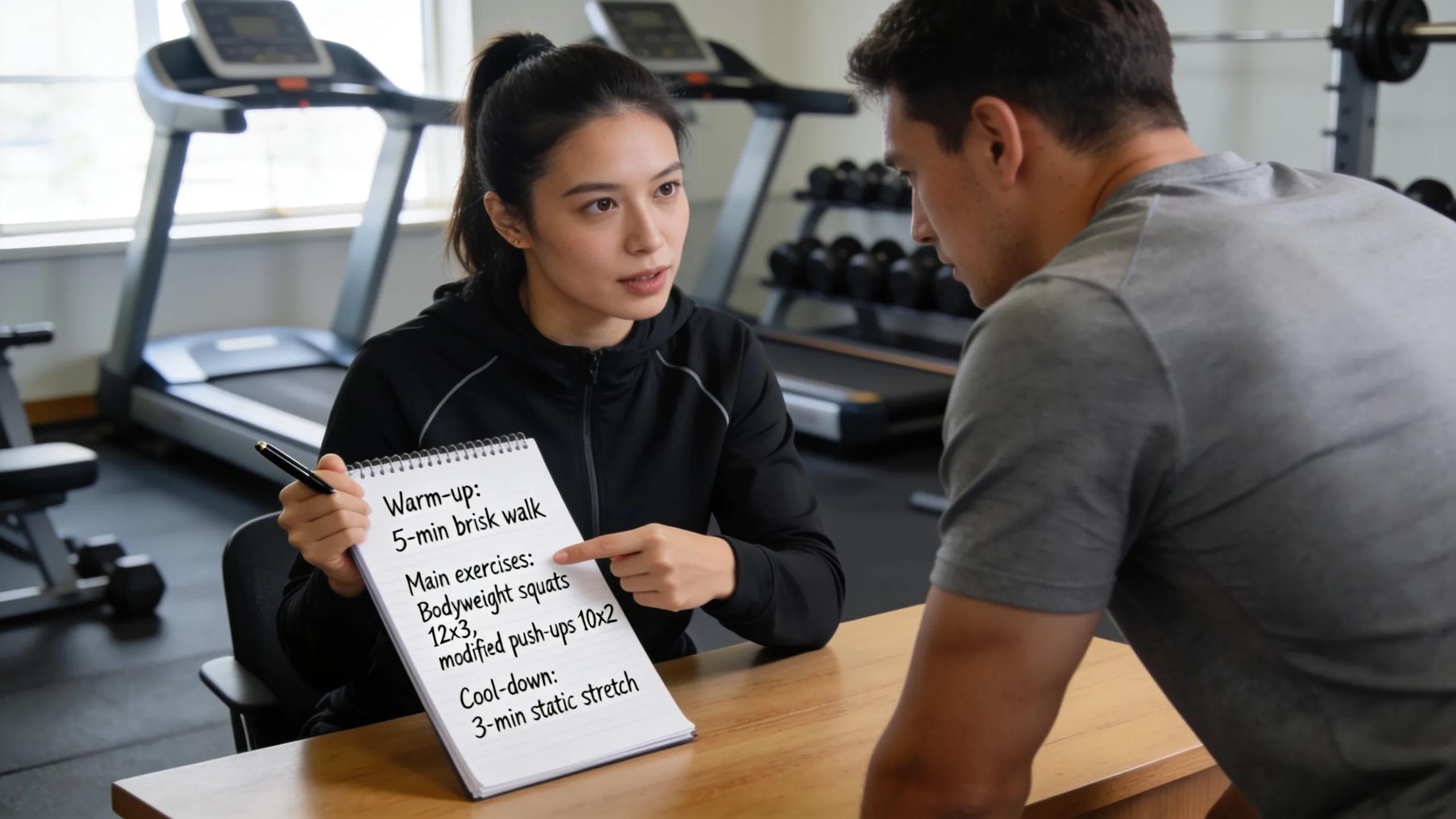 Personal trainer customizing a workout plan for a beginner