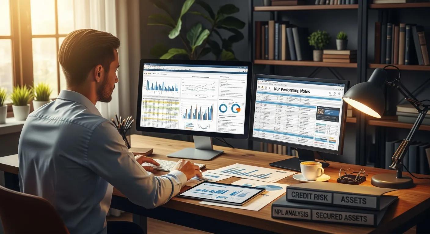 Financial analyst reviewing characteristics of non-performing notes in a cozy workspace