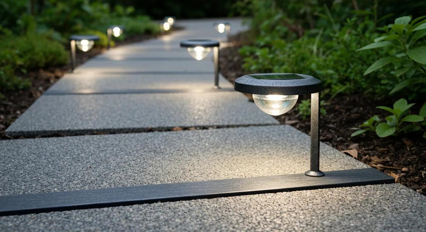 Close-up of solar pathway lights along a garden walkway, emphasizing design and safety features
