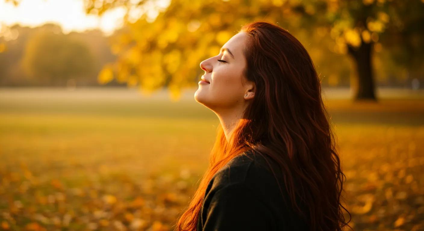 Woman enjoying the warm autumn sunlight in a park, surrounded by colorful fall foliage, illustrating the impact of seasonal changes on mood and well-being.