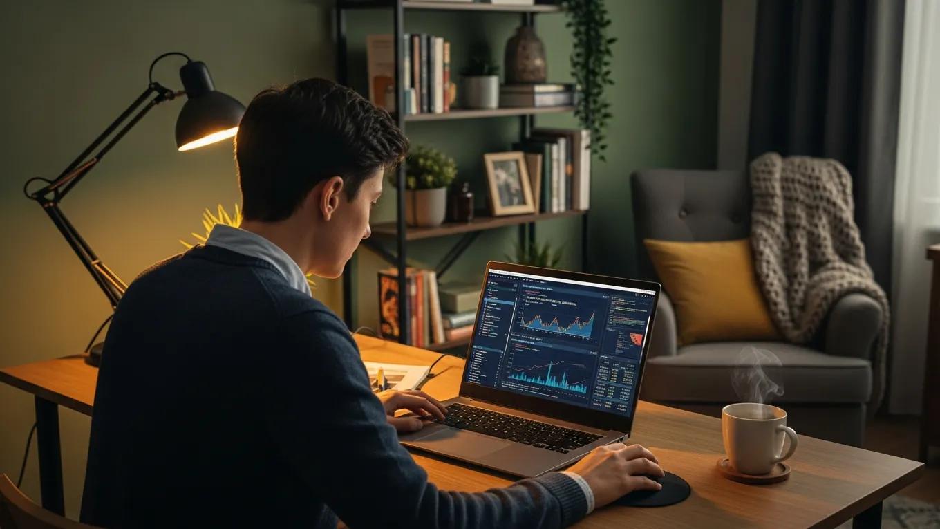 Person using a laptop to analyze credit risk scoring algorithms in a cozy study