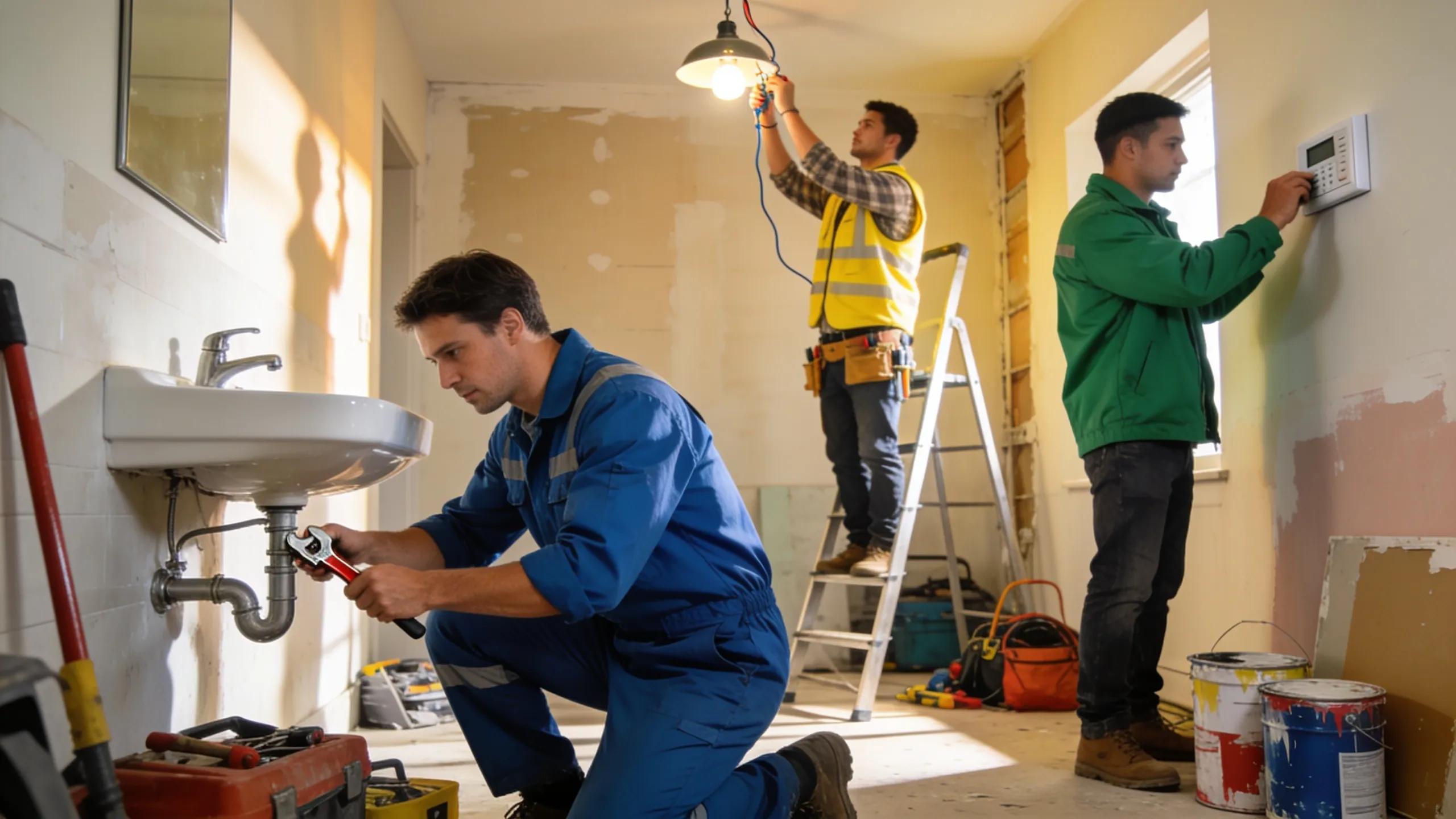 Professionals from various trades collaborating on property maintenance at a site