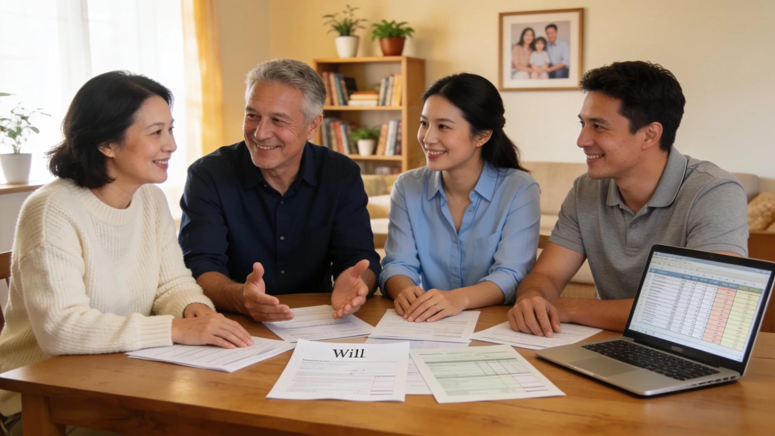 Family discussing wealth transfer strategies at home around a table