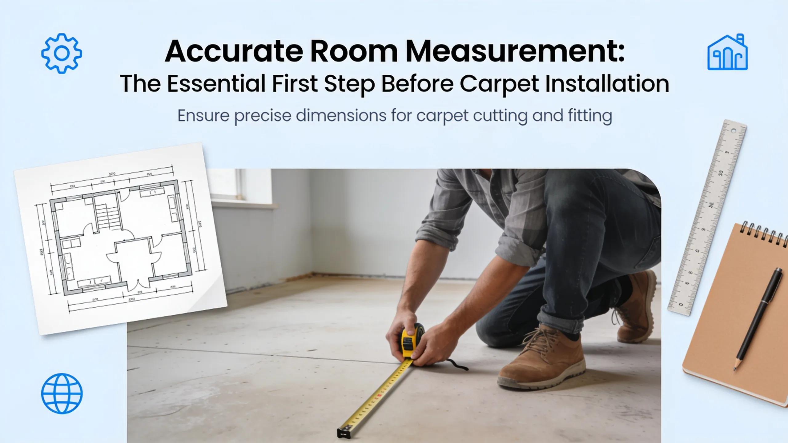 Accurate room measurement for carpet installation: blueprint, measuring tape, and flooring.