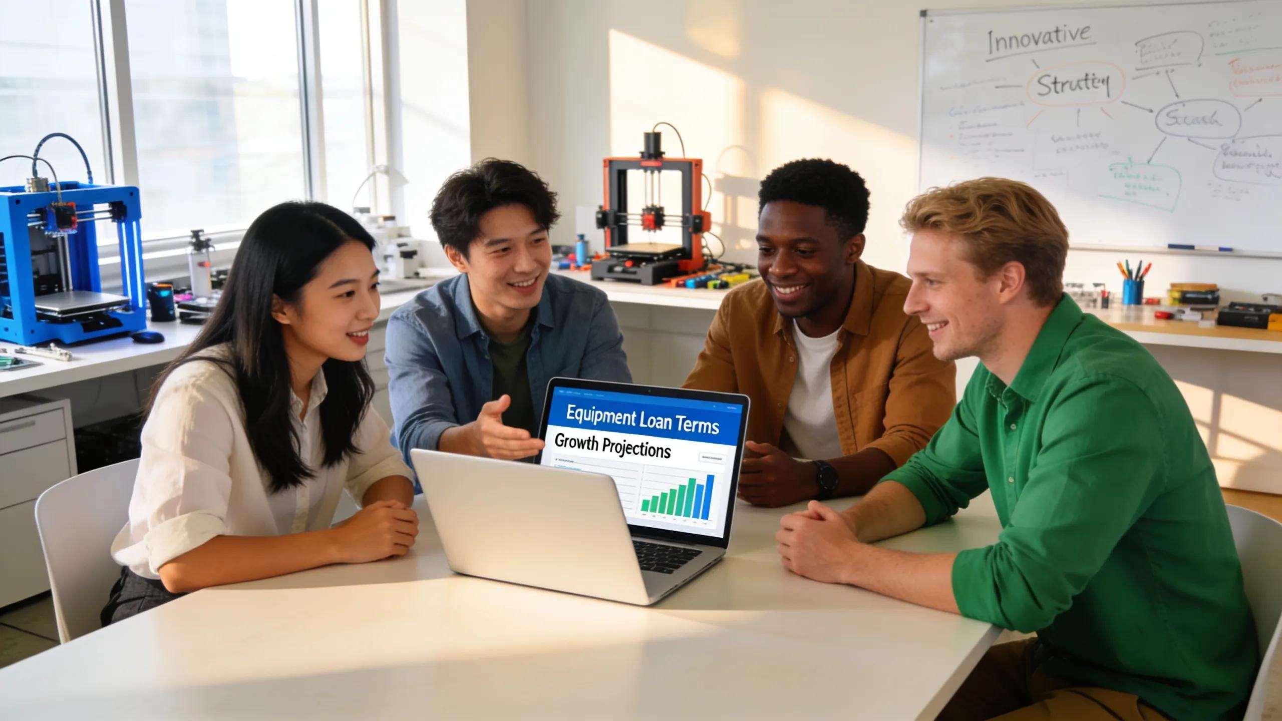 Entrepreneurs discussing equipment loans in a modern collaborative workspace