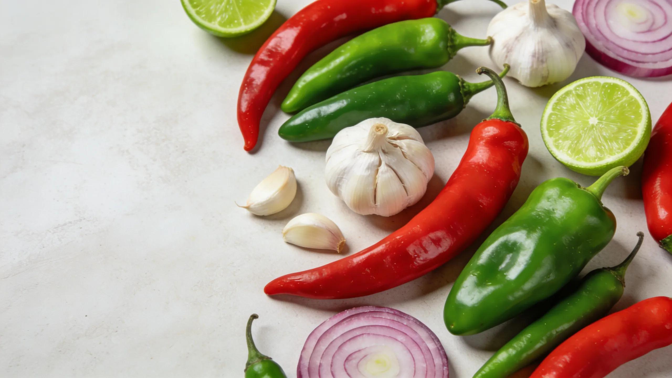 Fresh ingredients for hot sauces, including peppers, garlic, and lime, showcasing natural flavors and quality.