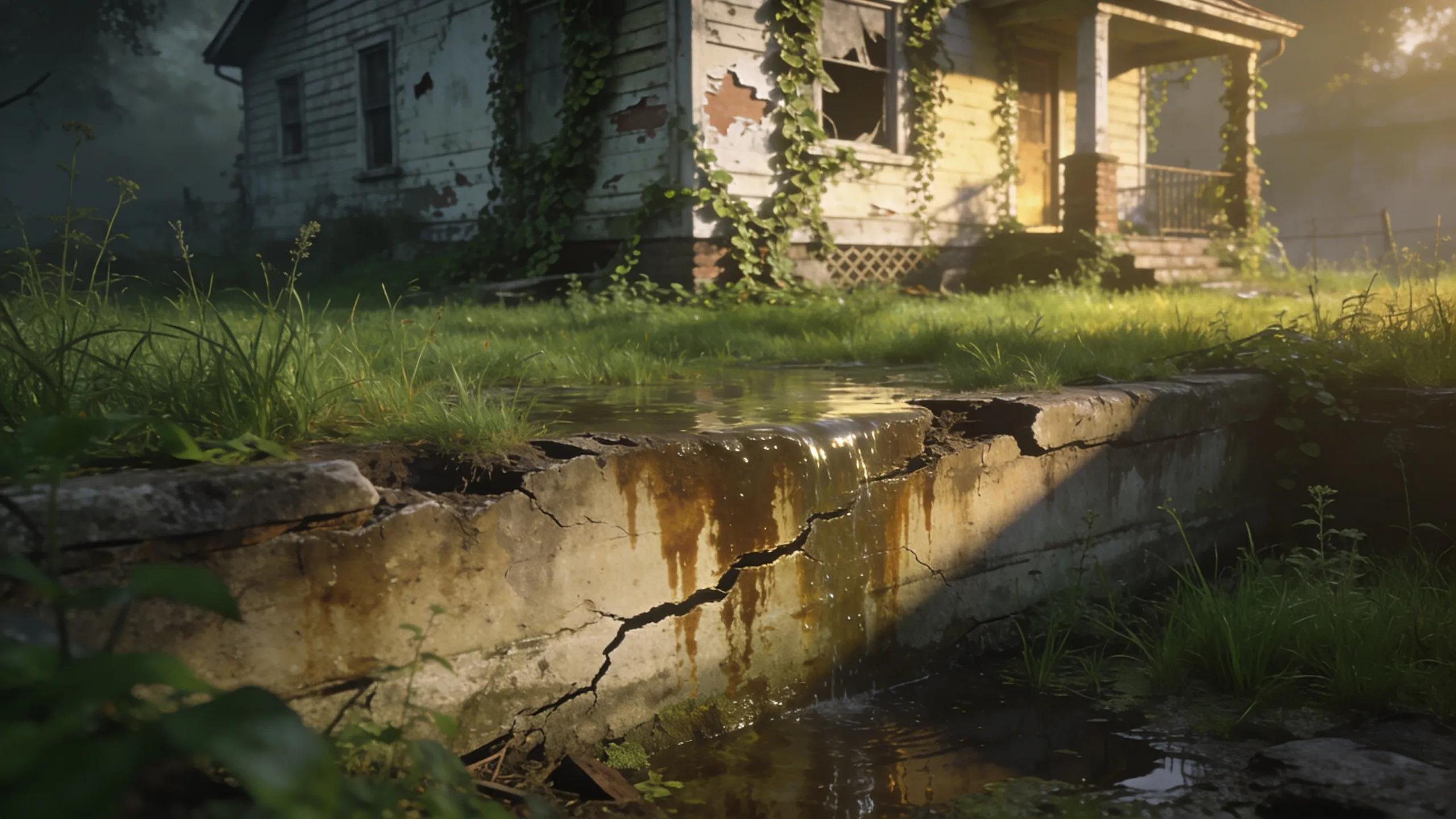 House foundation showcasing signs of water damage with visible cracks and stains