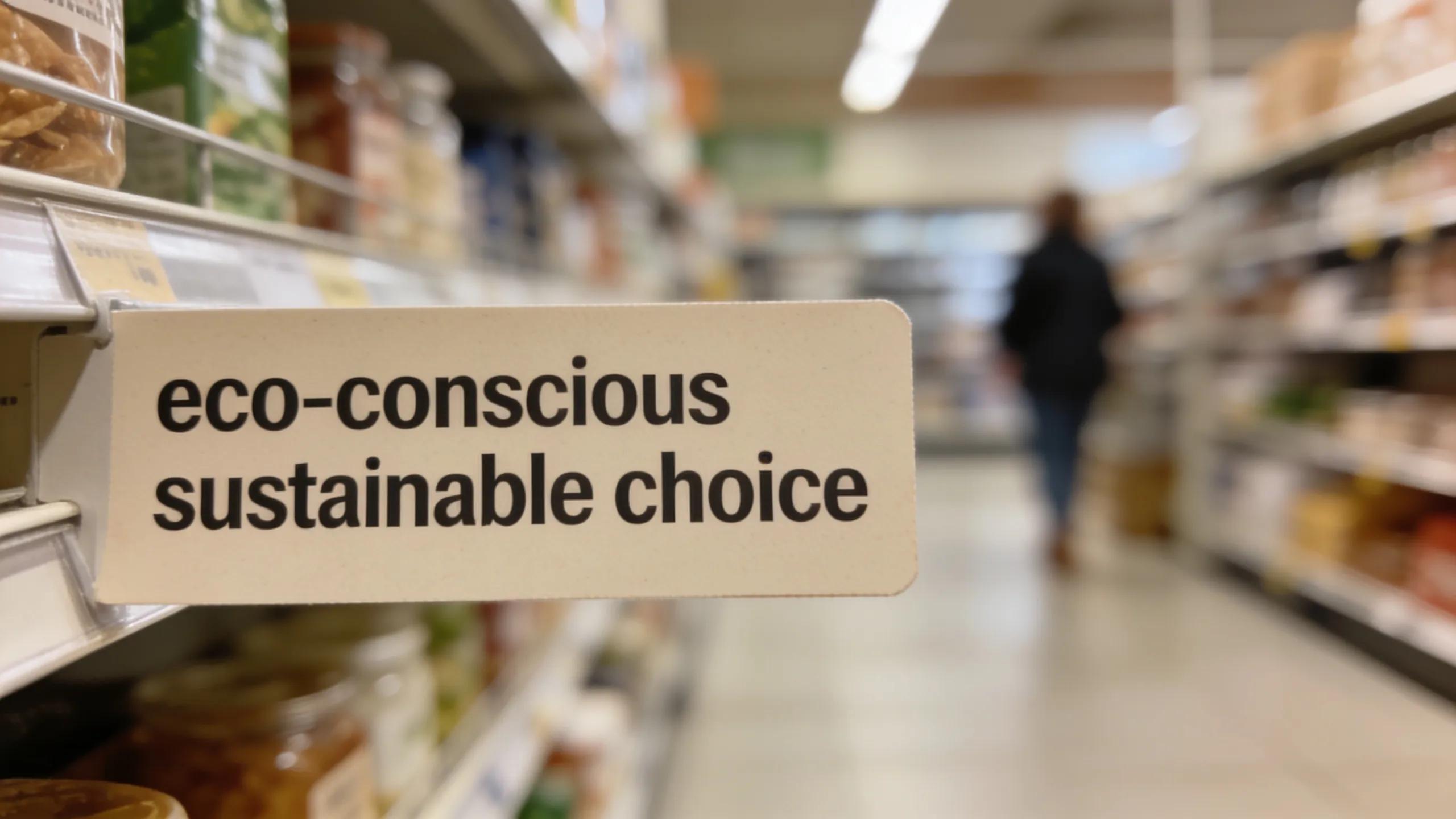 Close-up of a product label with vague eco-friendly claims in a shopping environment