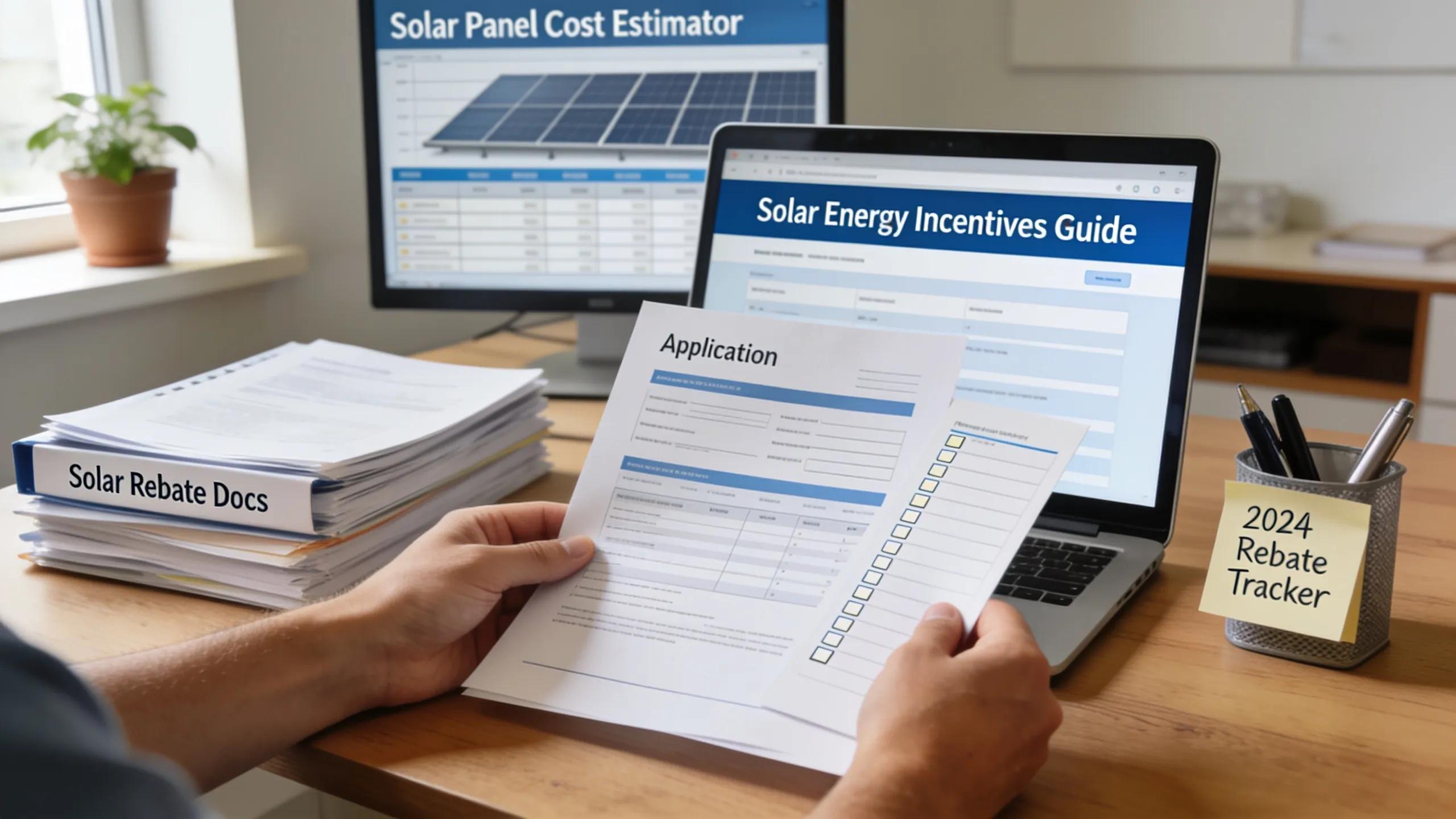 Solar panel cost estimator and rebate documents on laptop screen and paperwork.