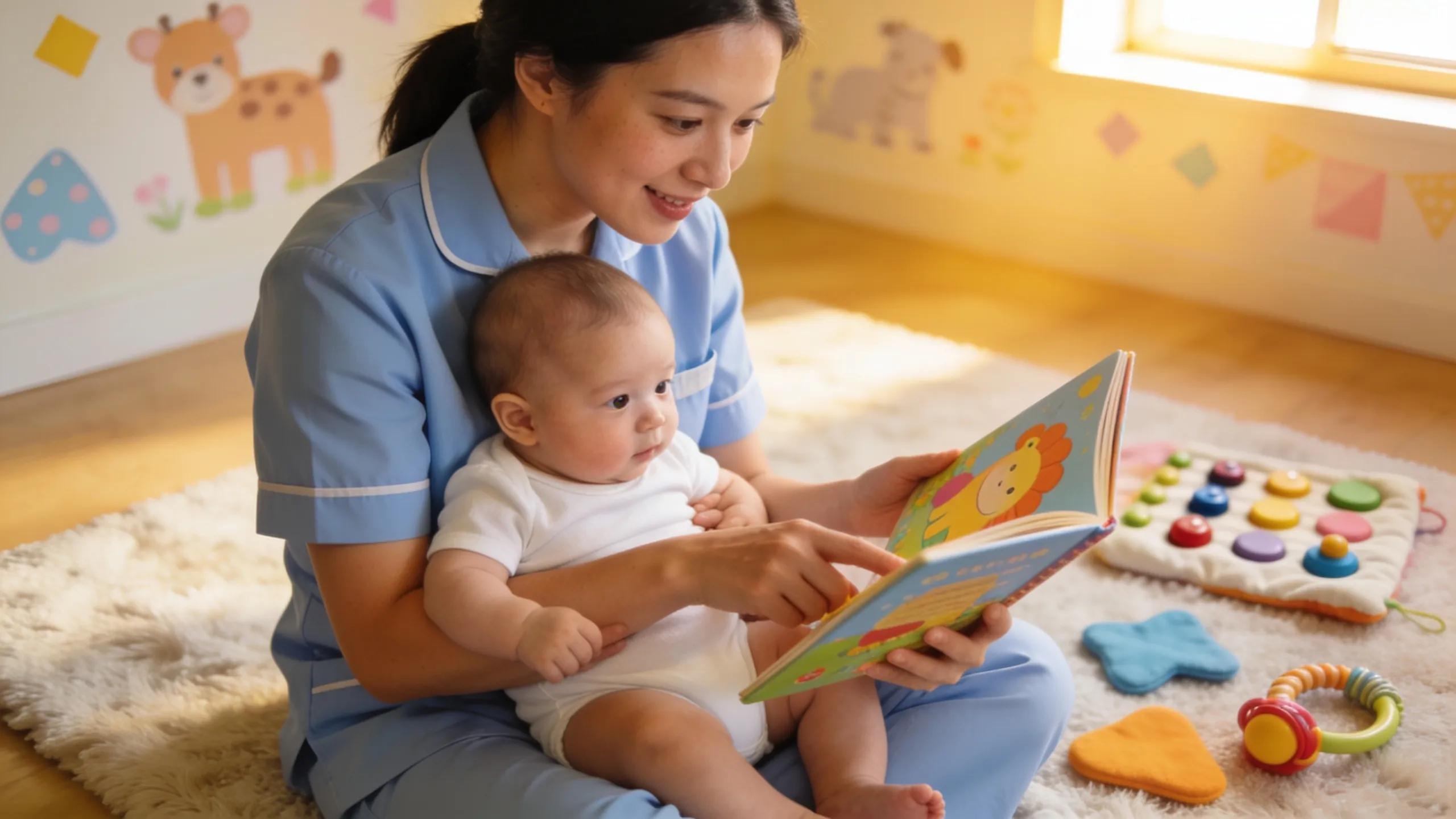 Professional caregiver engaging with an infant in a nurturing learning environment Professional caregiver engaging with an infant in a nurturing learning environment