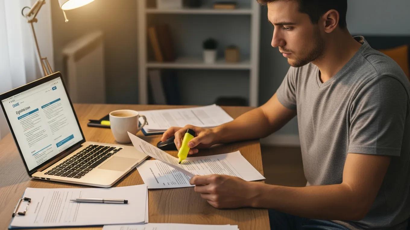Man reviewing eligibility criteria for payday loans, using laptop displaying loan information, with papers and a coffee cup on a desk.