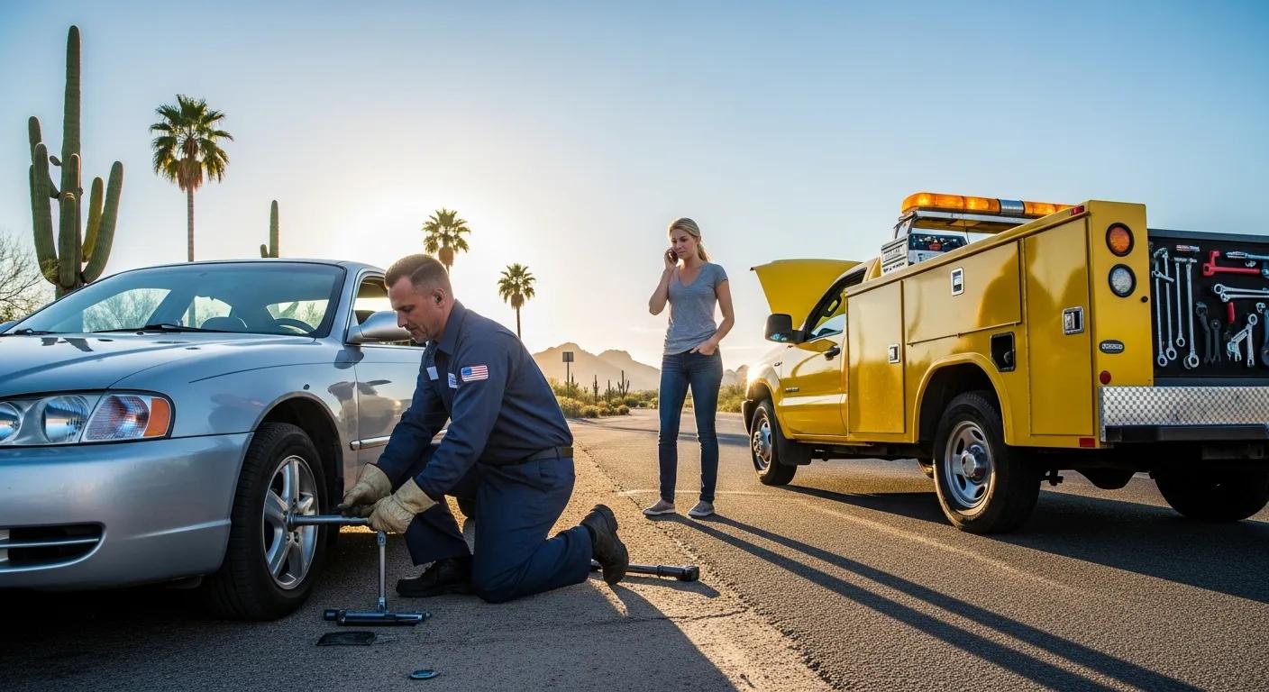 Roadside assistance technician helping a driver with a flat tire in Tempe, AZ