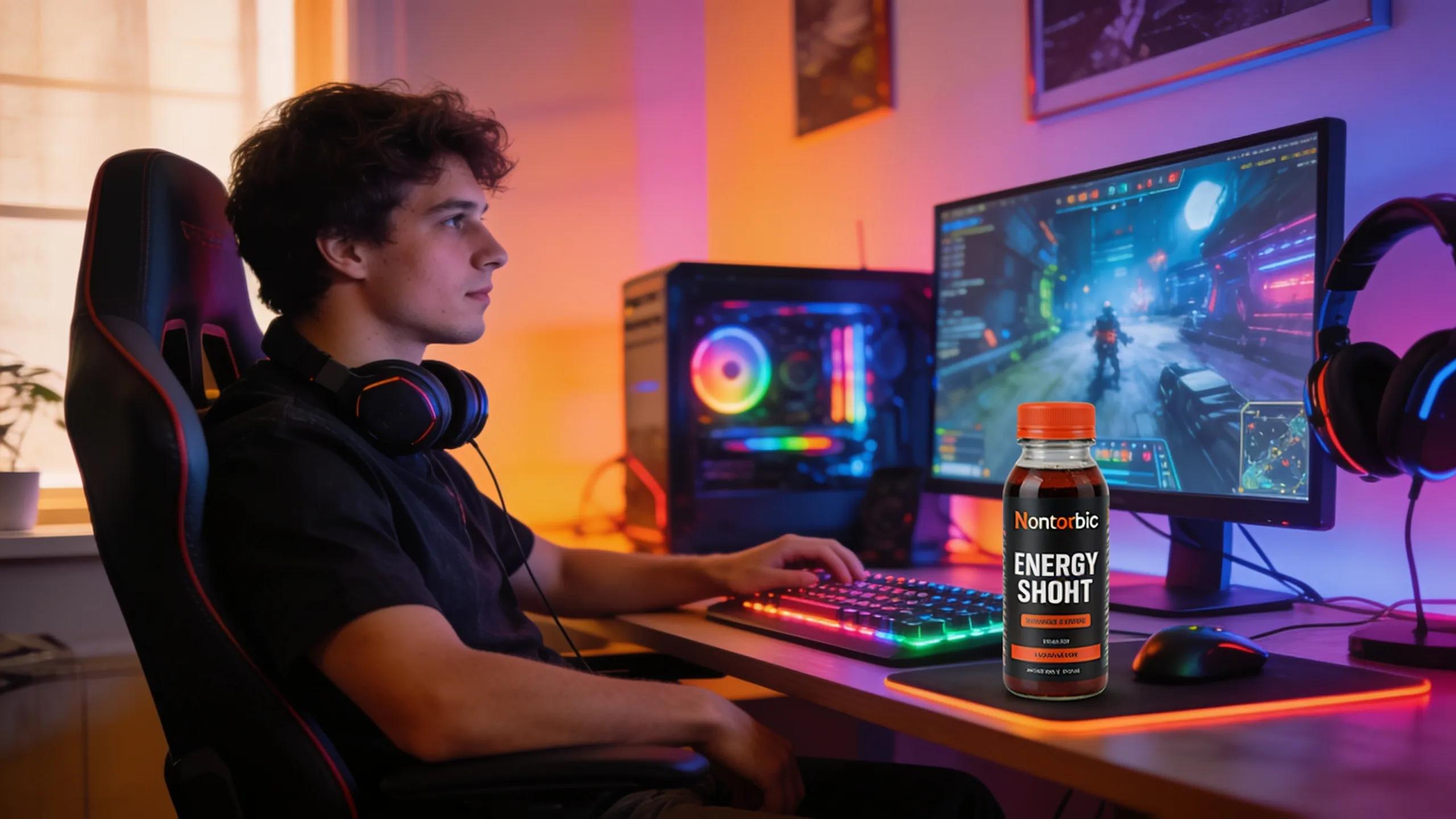 Gamer focused on screen with nootropic energy shot in a modern gaming setup