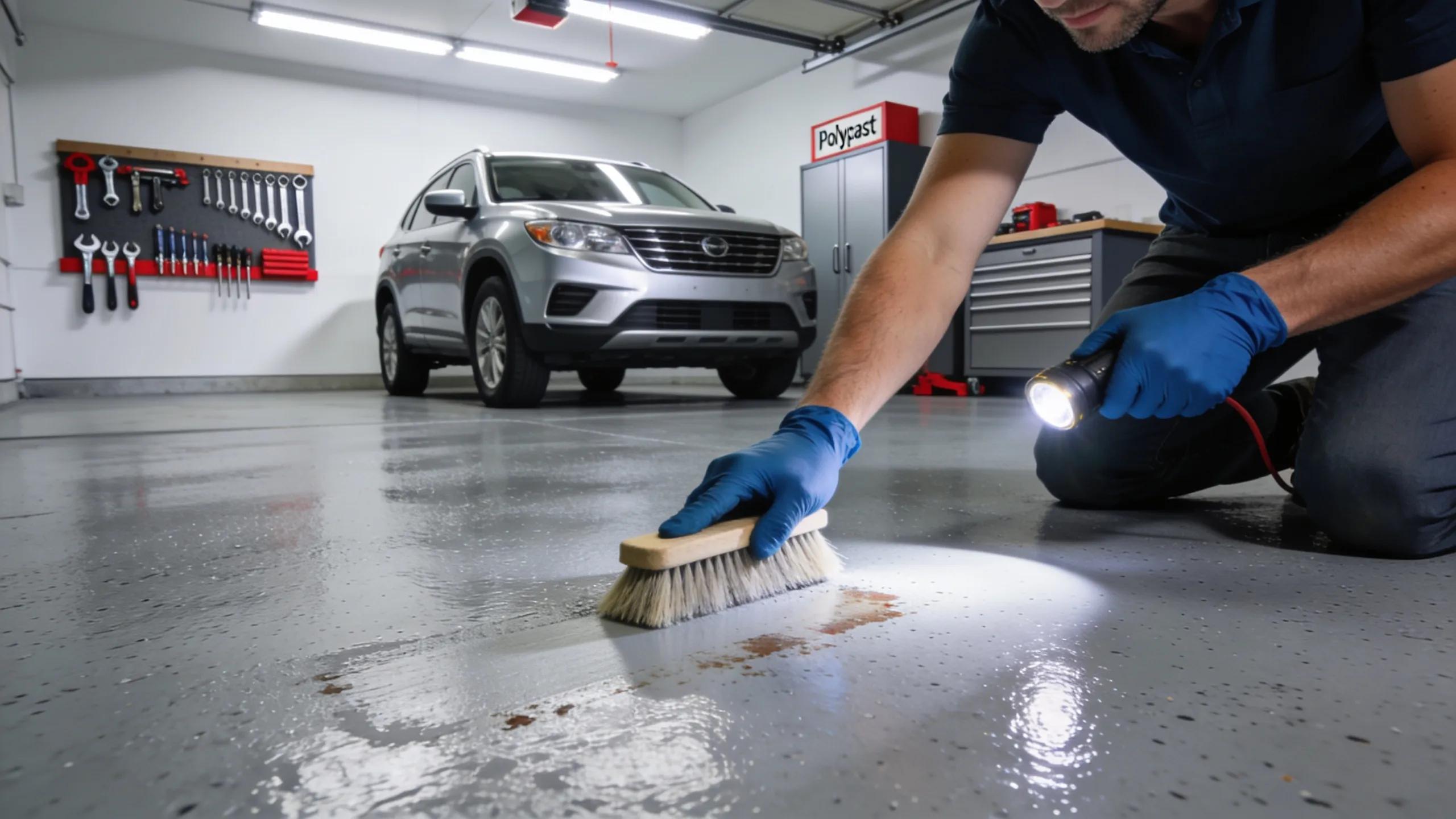Homeowner maintaining a polyaspartic garage floor, illustrating low maintenance needs and durability