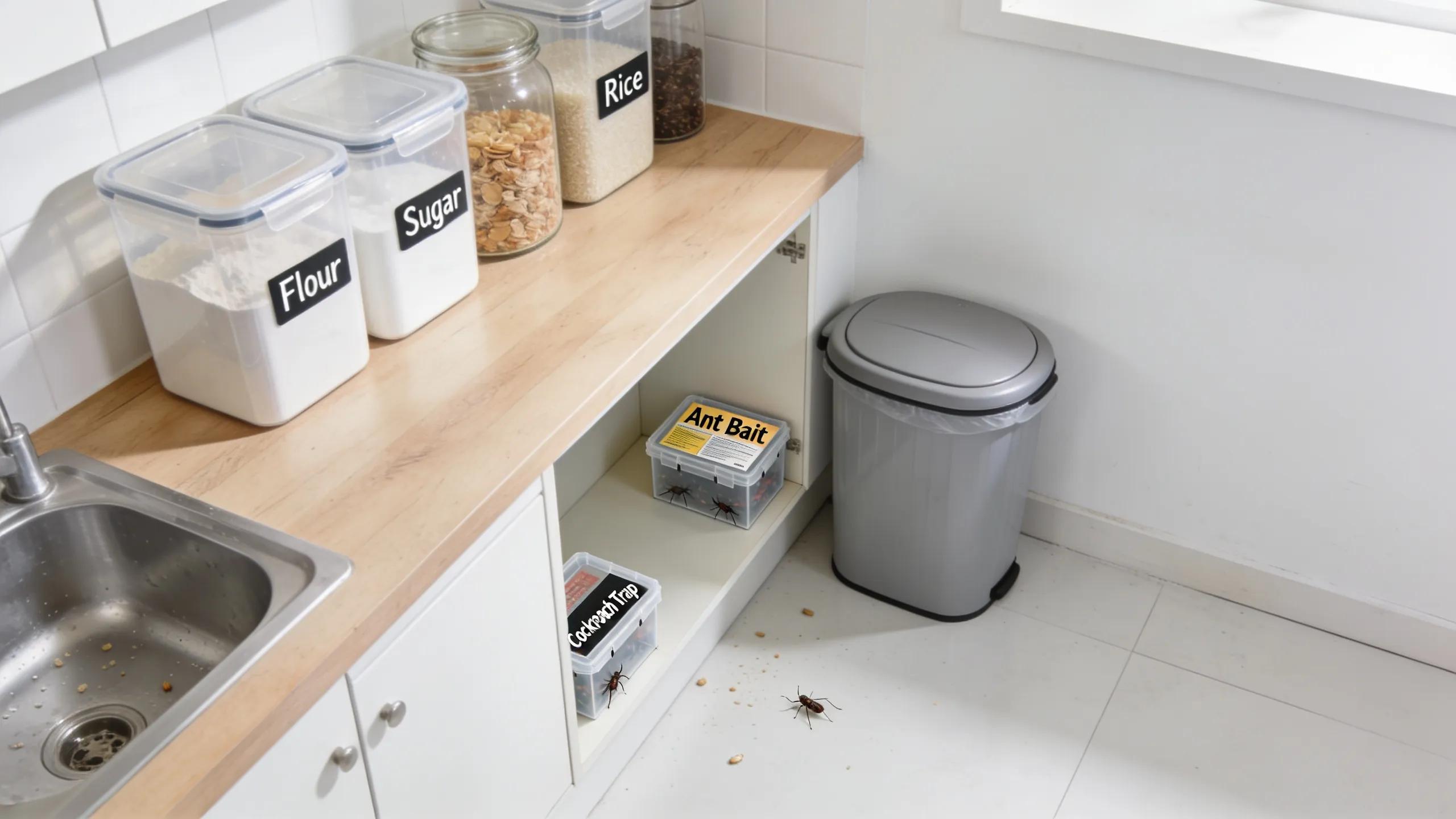 Clean kitchen with sealed food containers and pest control measures for prevention