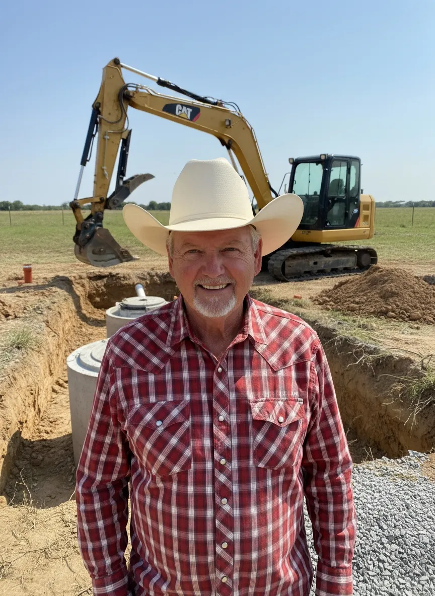 Technician performing septic repairs — common fixes range from unclogging lines to drain field work
