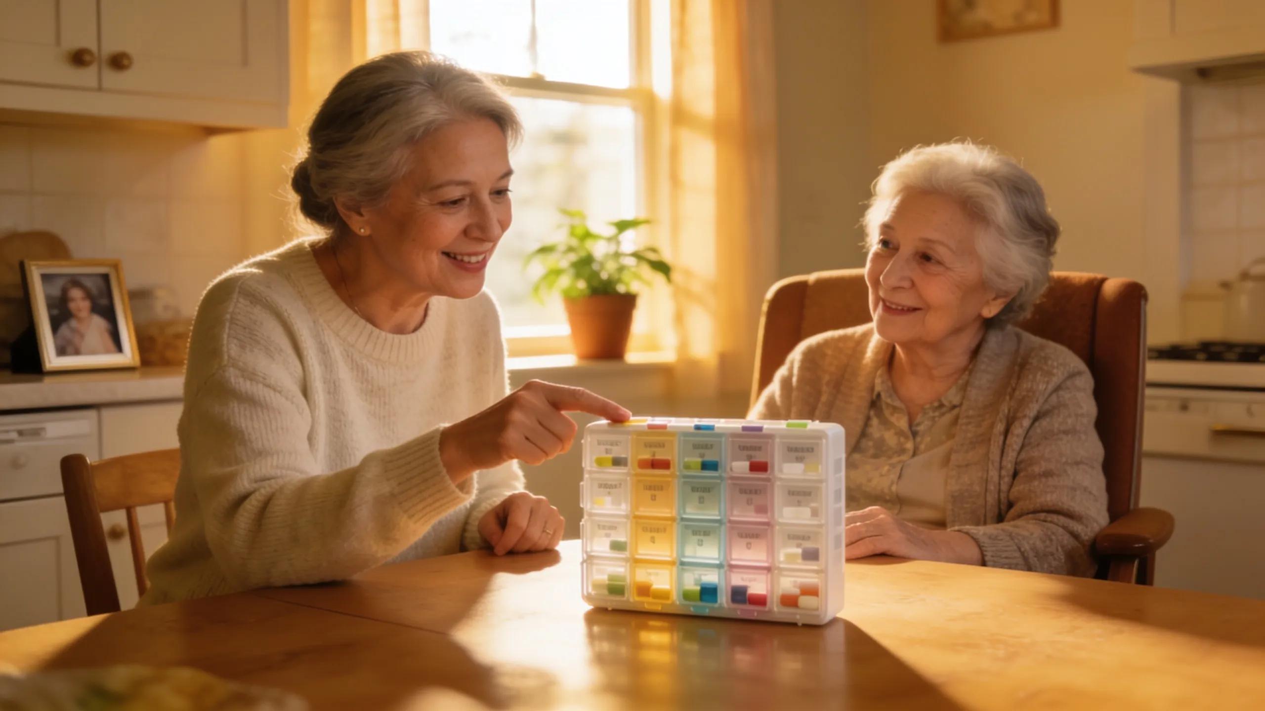 Caregiver helping a senior sort medications at home