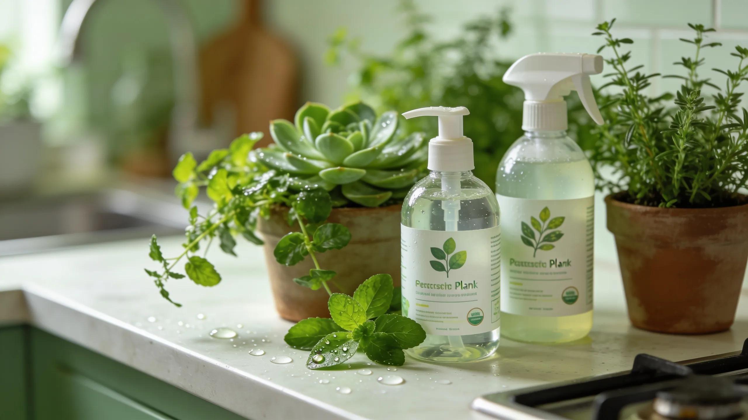 Eco-friendly cleaning products on a kitchen counter, showcasing sustainable cleaning solutions