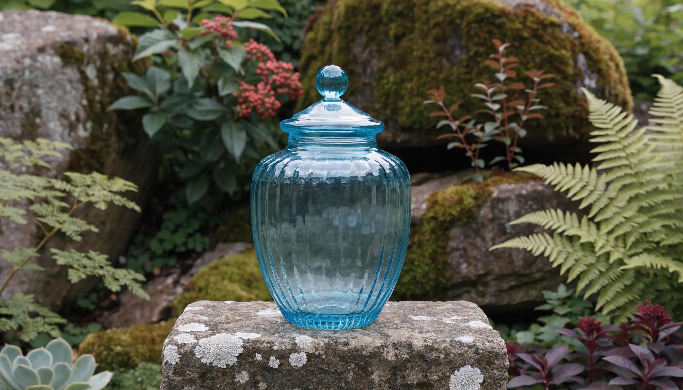 Eco-friendly aquamation urn in a serene garden, representing sustainable aftercare options for pets