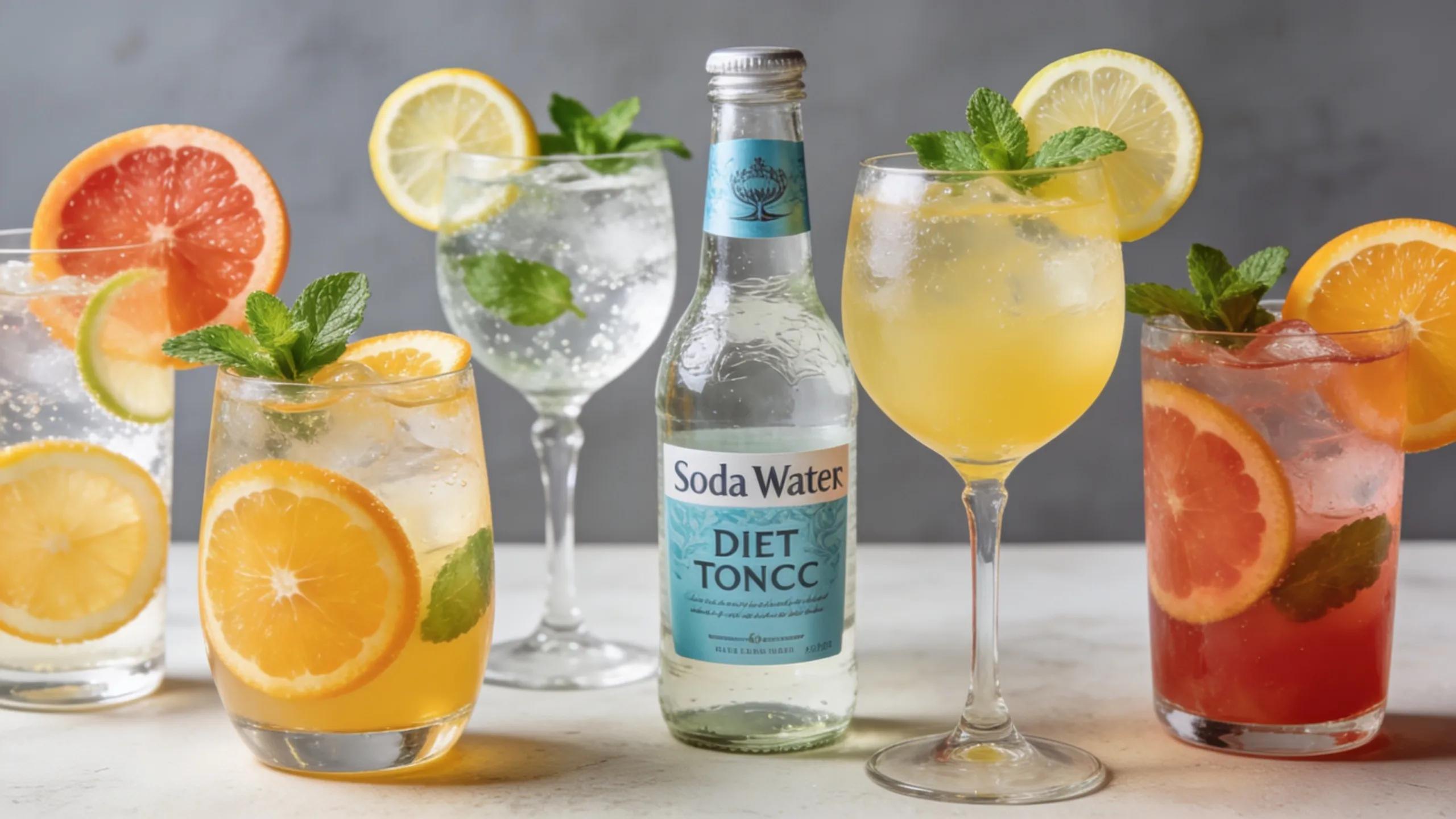 Variety of healthy mixers for cocktails including soda water and fresh citrus in attractive glassware