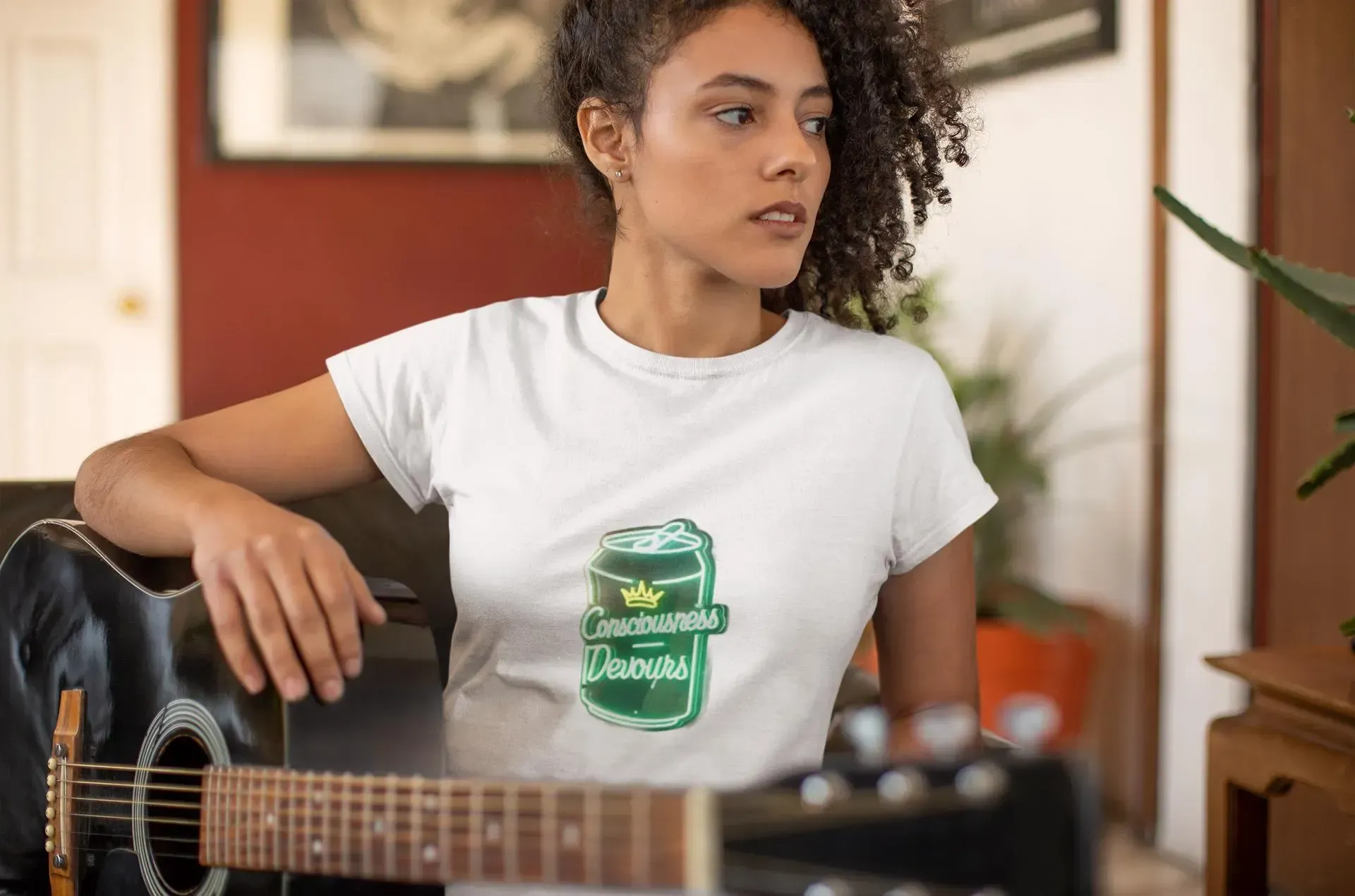 Close-up of a confident woman in a motivational t-shirt, illustrating the boost in self-esteem and empowerment