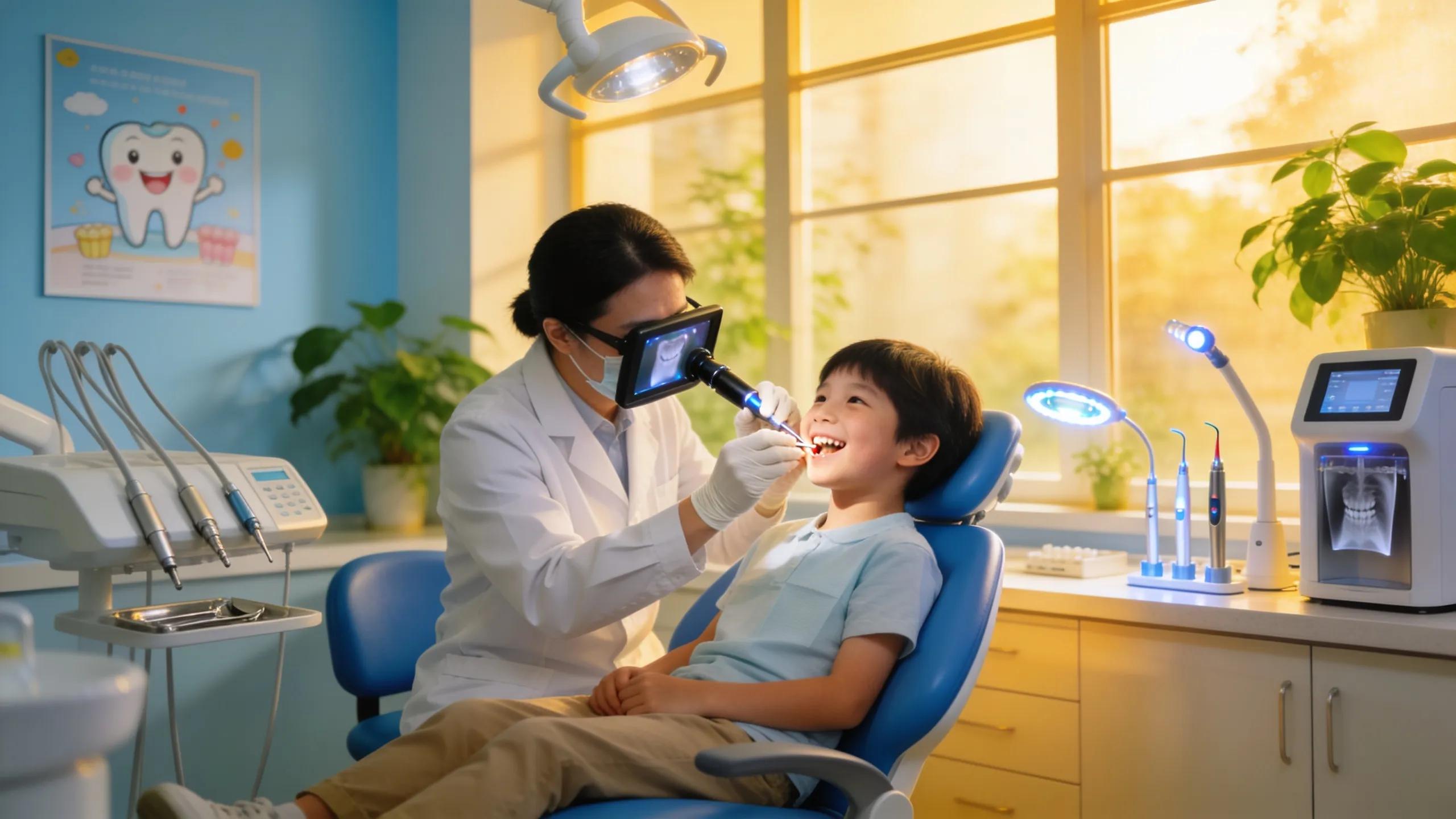 Dentist performing a check-up on a child in a modern dental office
